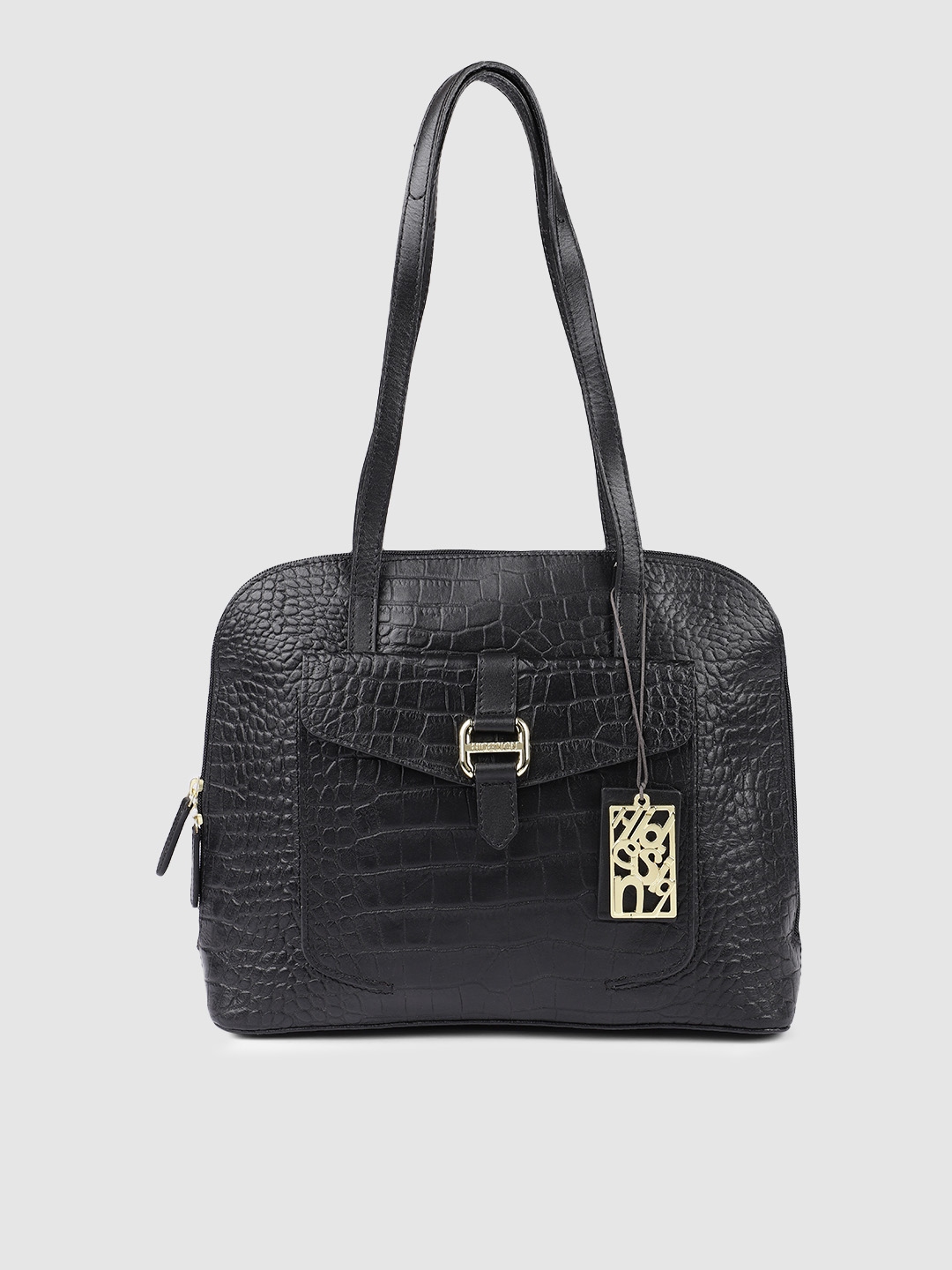 Hidesign Black Animal Textured Leather Shoulder Bag
