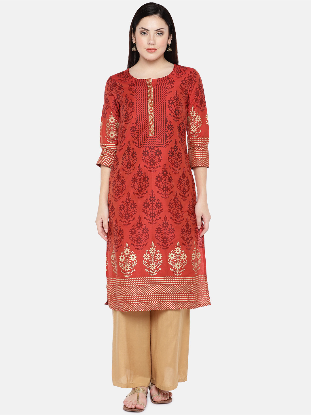 Ethnicity Women Rust Brown & Gold-Coloured Printed Straight Kurta