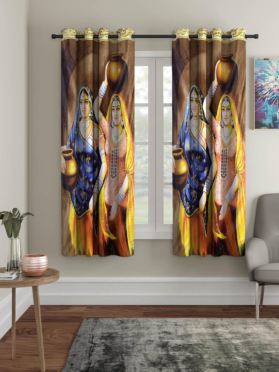 Home Sizzler Brown & Blue Set of 2 Window Curtains