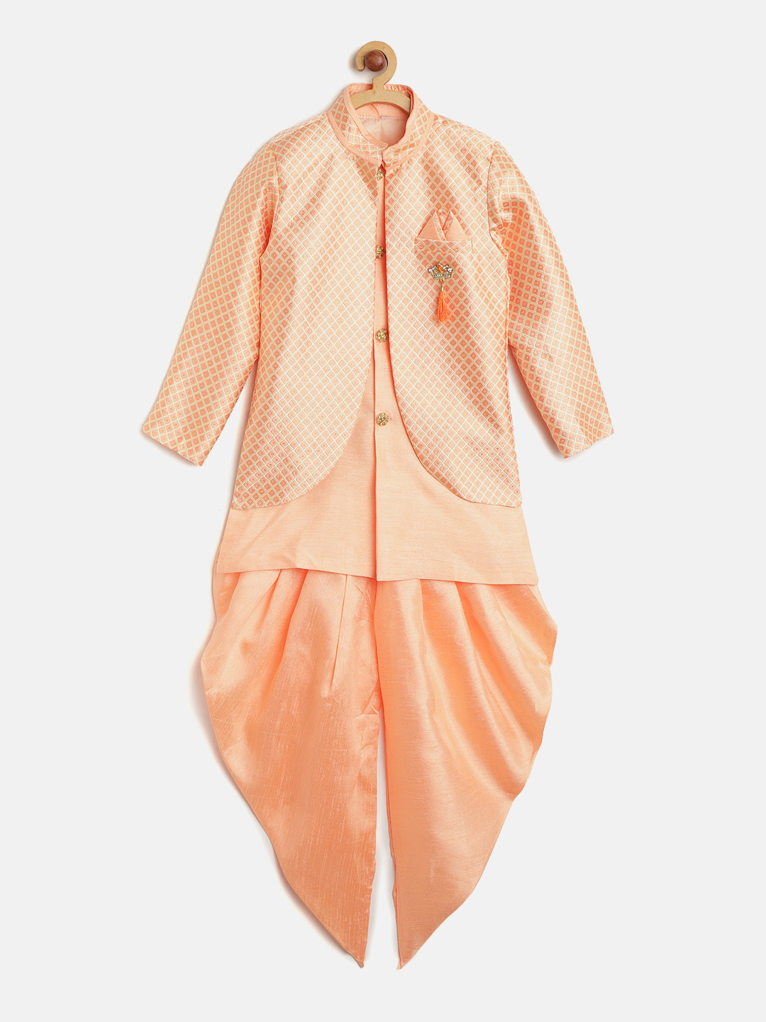 ahhaaaa Boys Peach-Coloured & Cream-Coloured Solid Kurta Set With Jacket