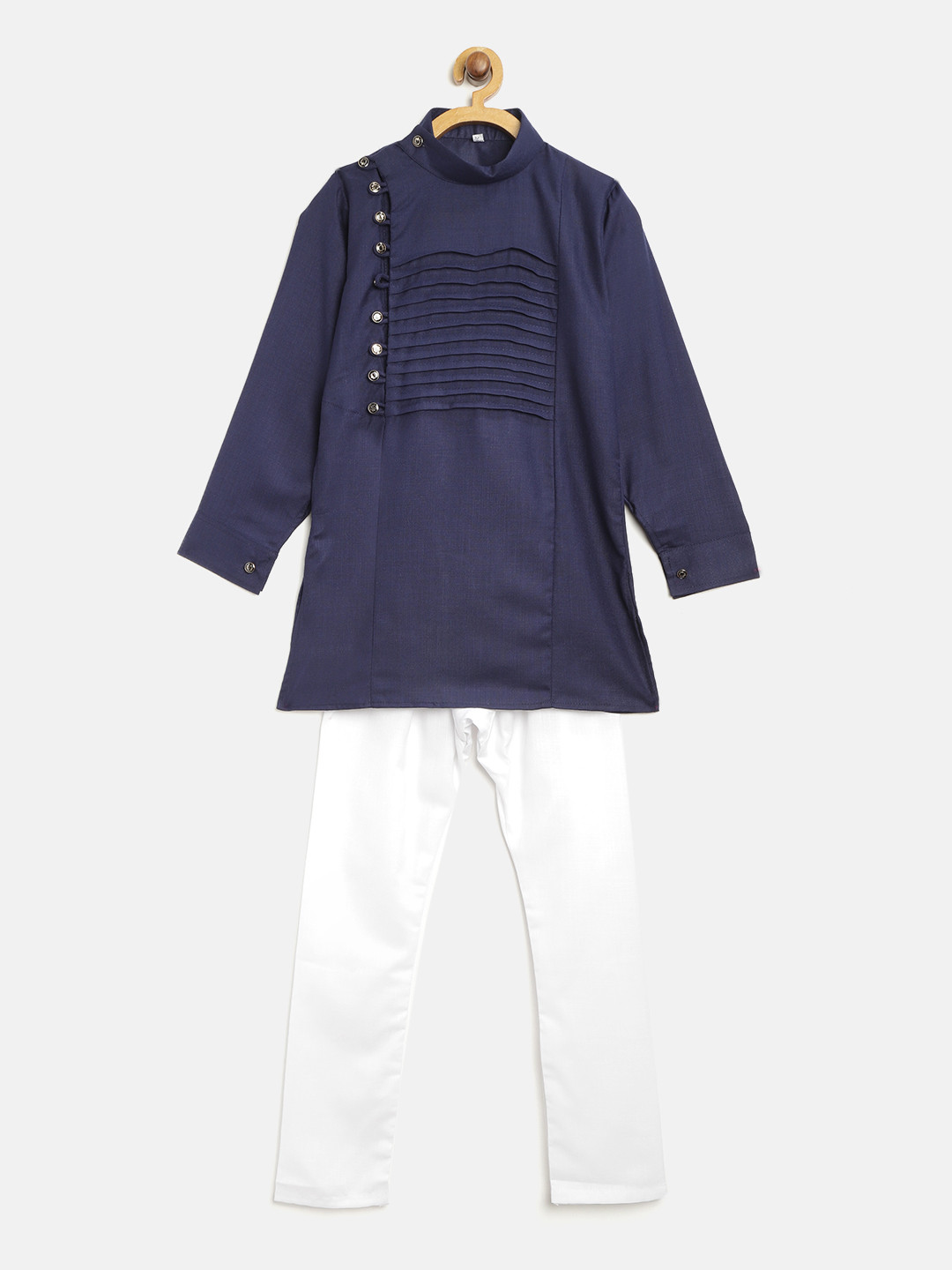ahhaaaa Boys Navy Blue & White Solid Angrakha Kurta with Pyjamas