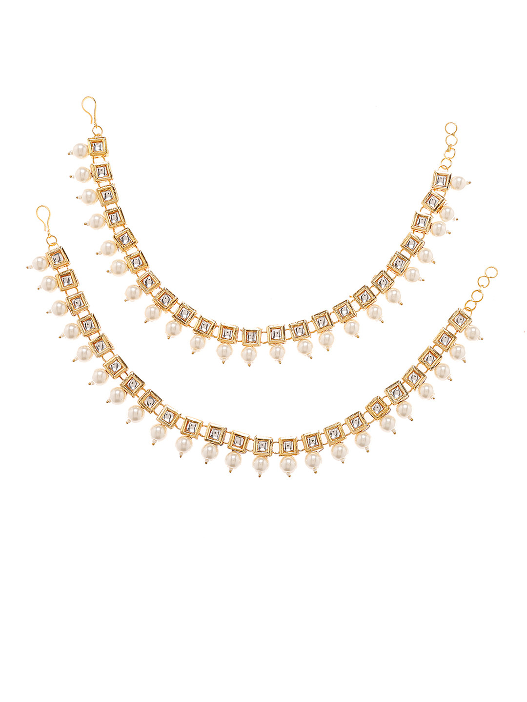 Bamboo Tree Jewels Set of 2 Gold-Toned & Off-White Kundan Studded Handcrafted Anklets