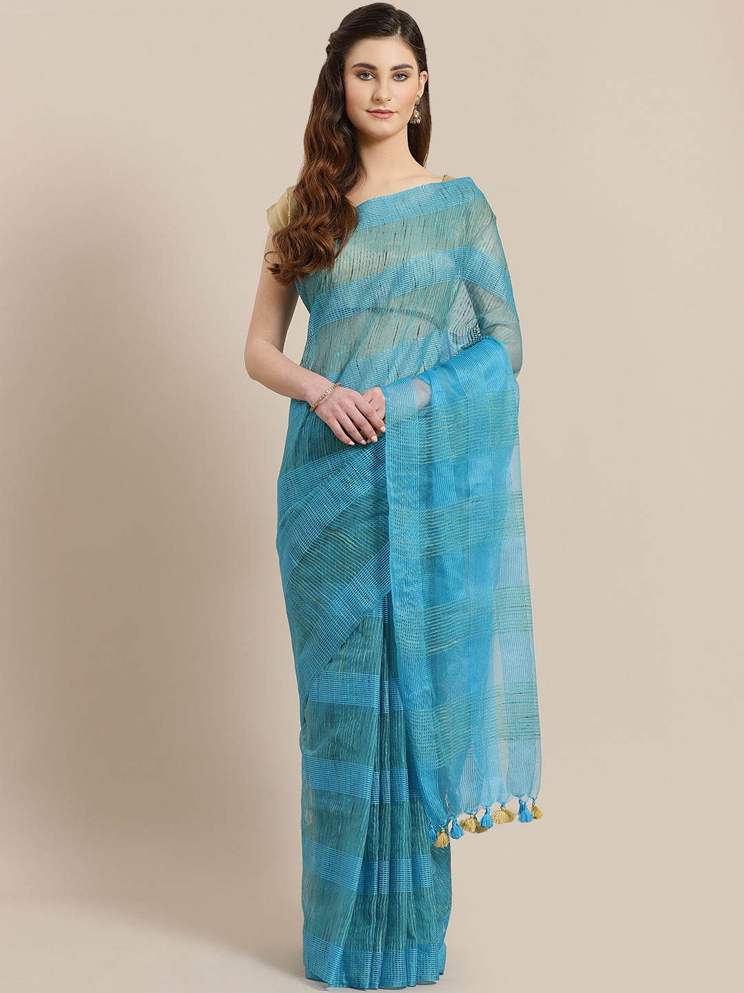 Kalakari India Blue & Green Self-Checked Handwoven Saree