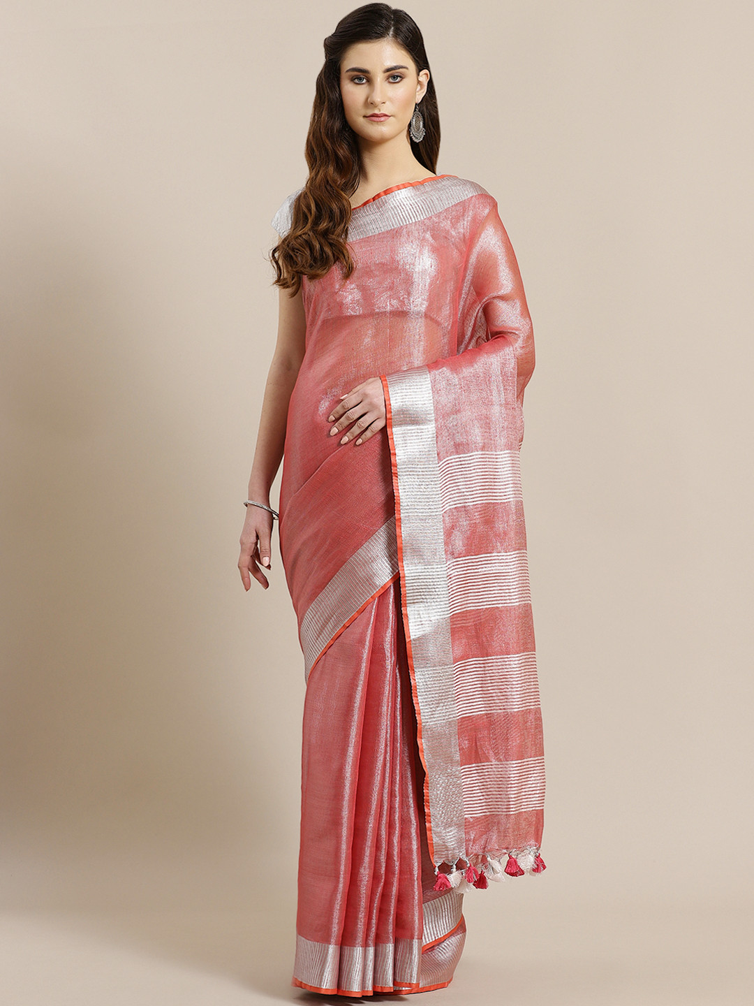 Kalakari India Red & Silver Zari Handwoven Solid Sustainable Saree