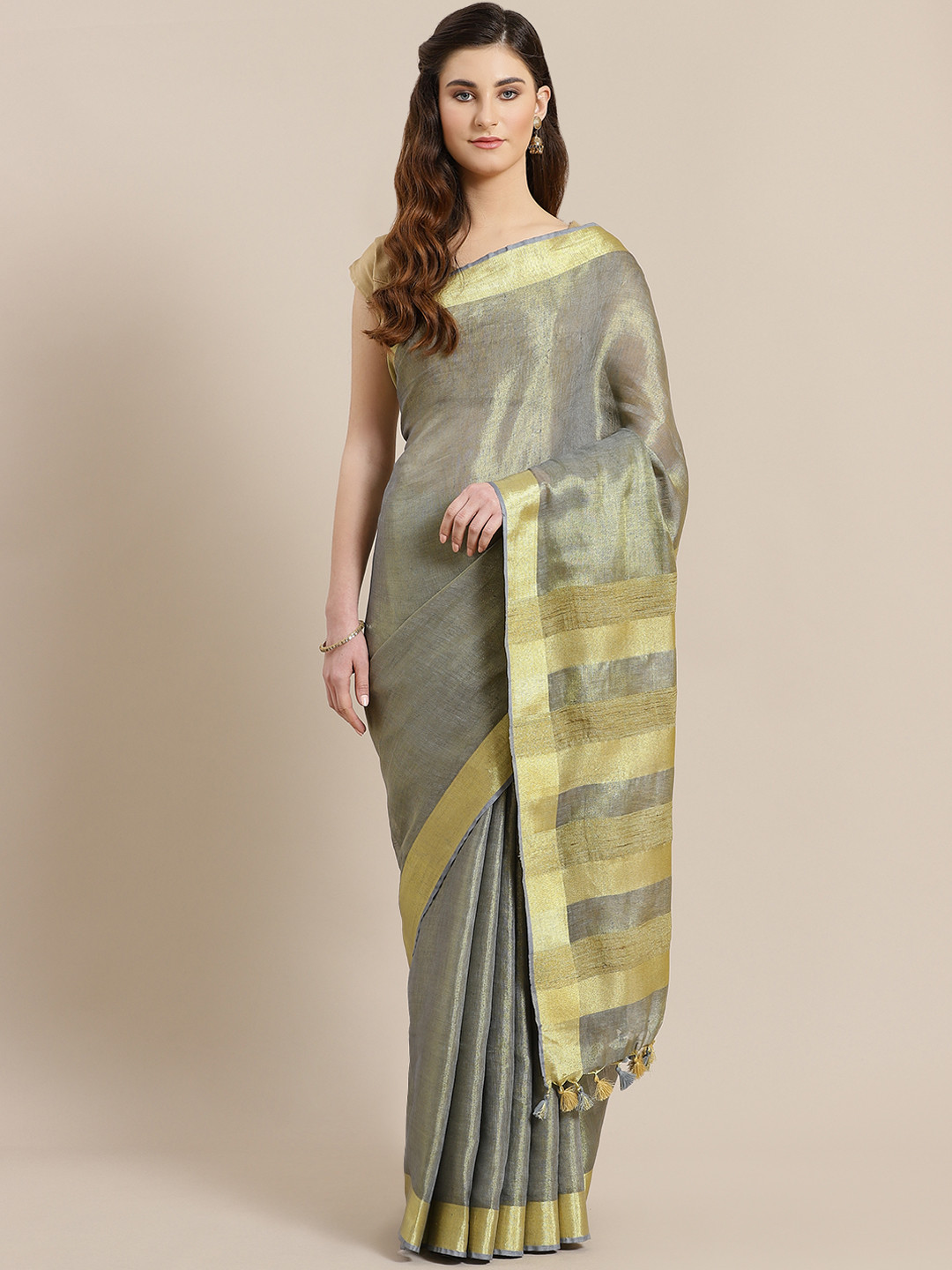 Kalakari India Grey & Golden Dual-Tone Handwoven Handcrafted Solid Sustainable Saree