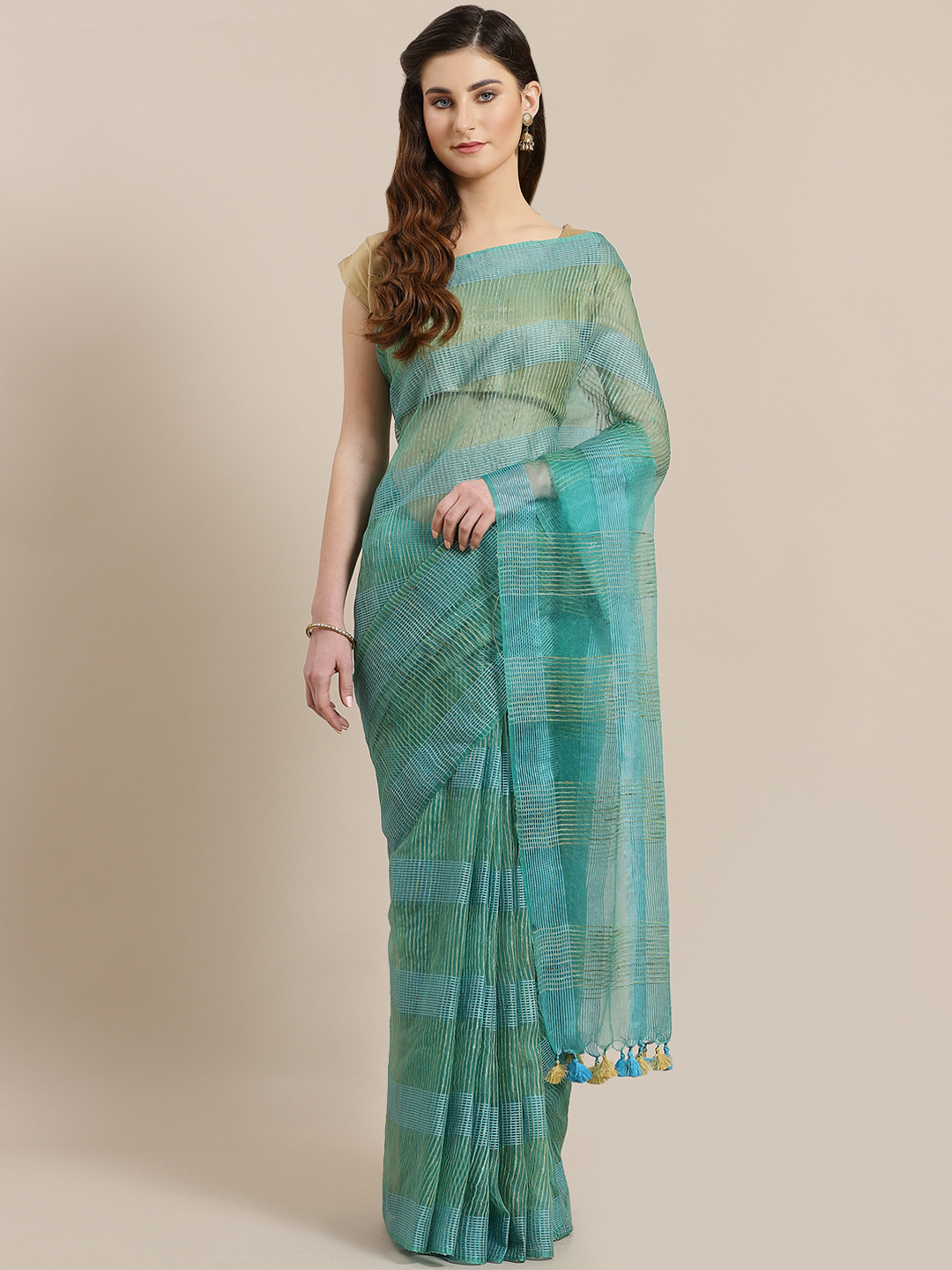 Kalakari India Blue & Green Zari Handwoven Checked Saree