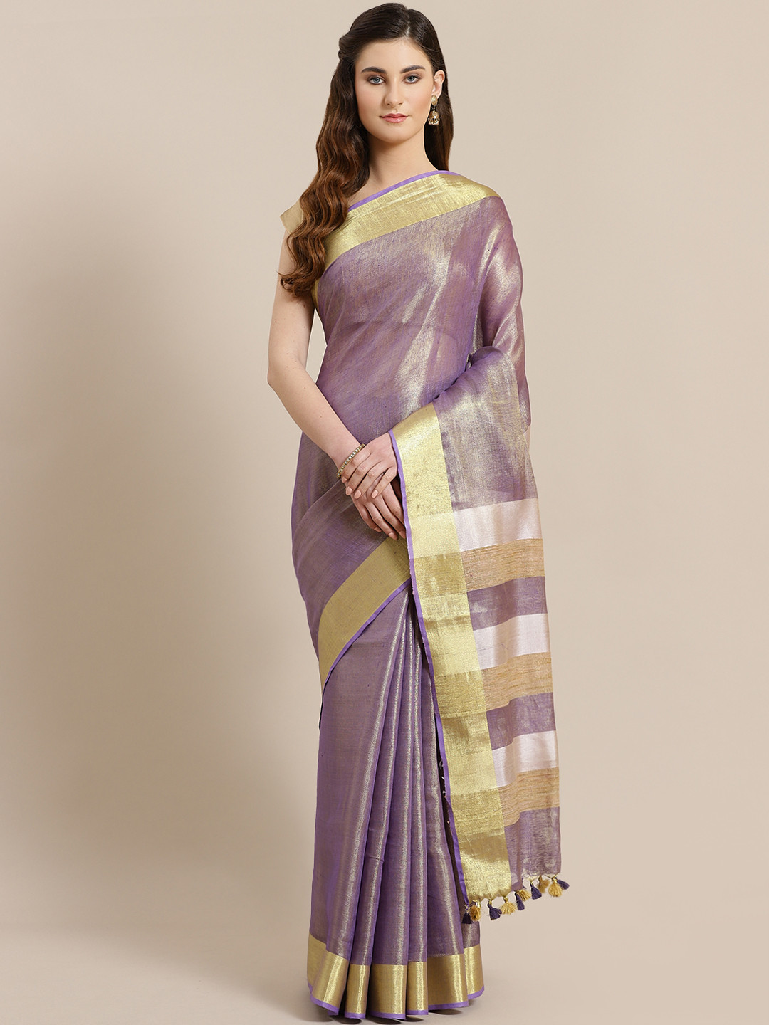 Kalakari India Purple & Golden Dual Tone Solid Handwoven Sustainable Saree