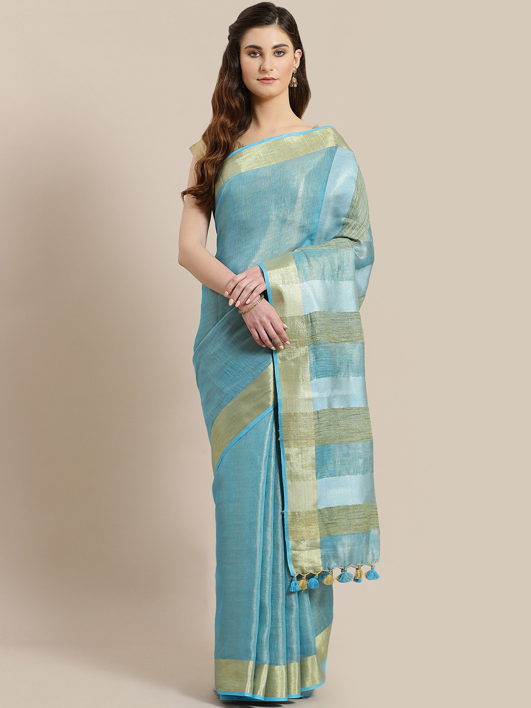 Kalakari India Blue & Golden Dual Tone Solid Handwoven Sustainable Saree