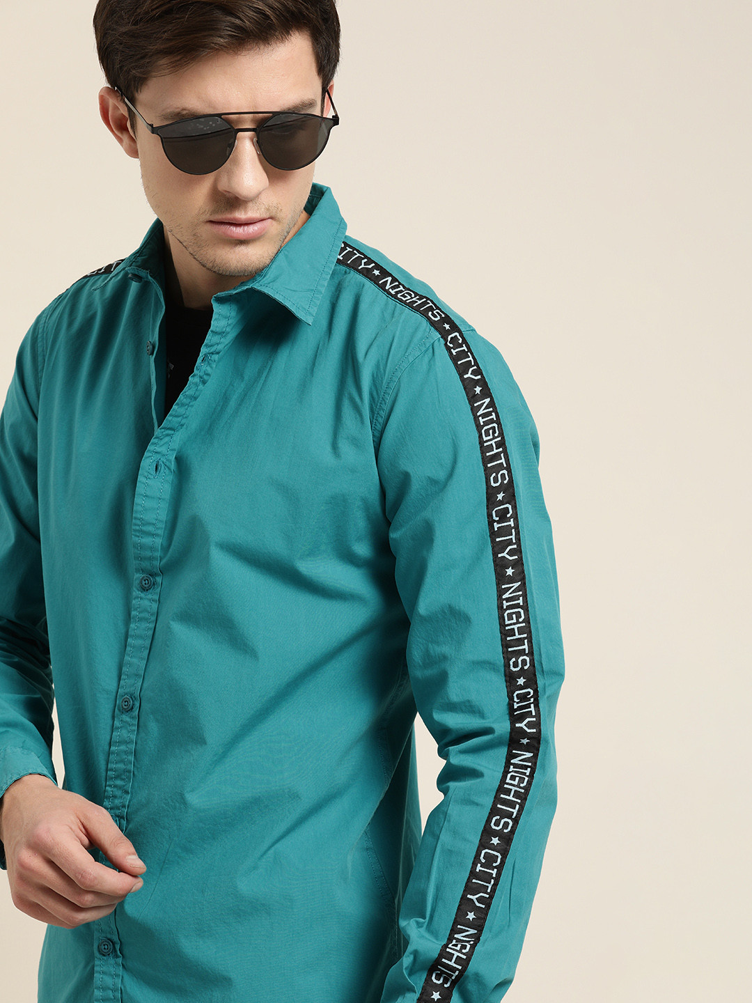 Moda Rapido Men Turquoise Blue Slim Fit Solid Casual Shirt With Side Tape Detailing