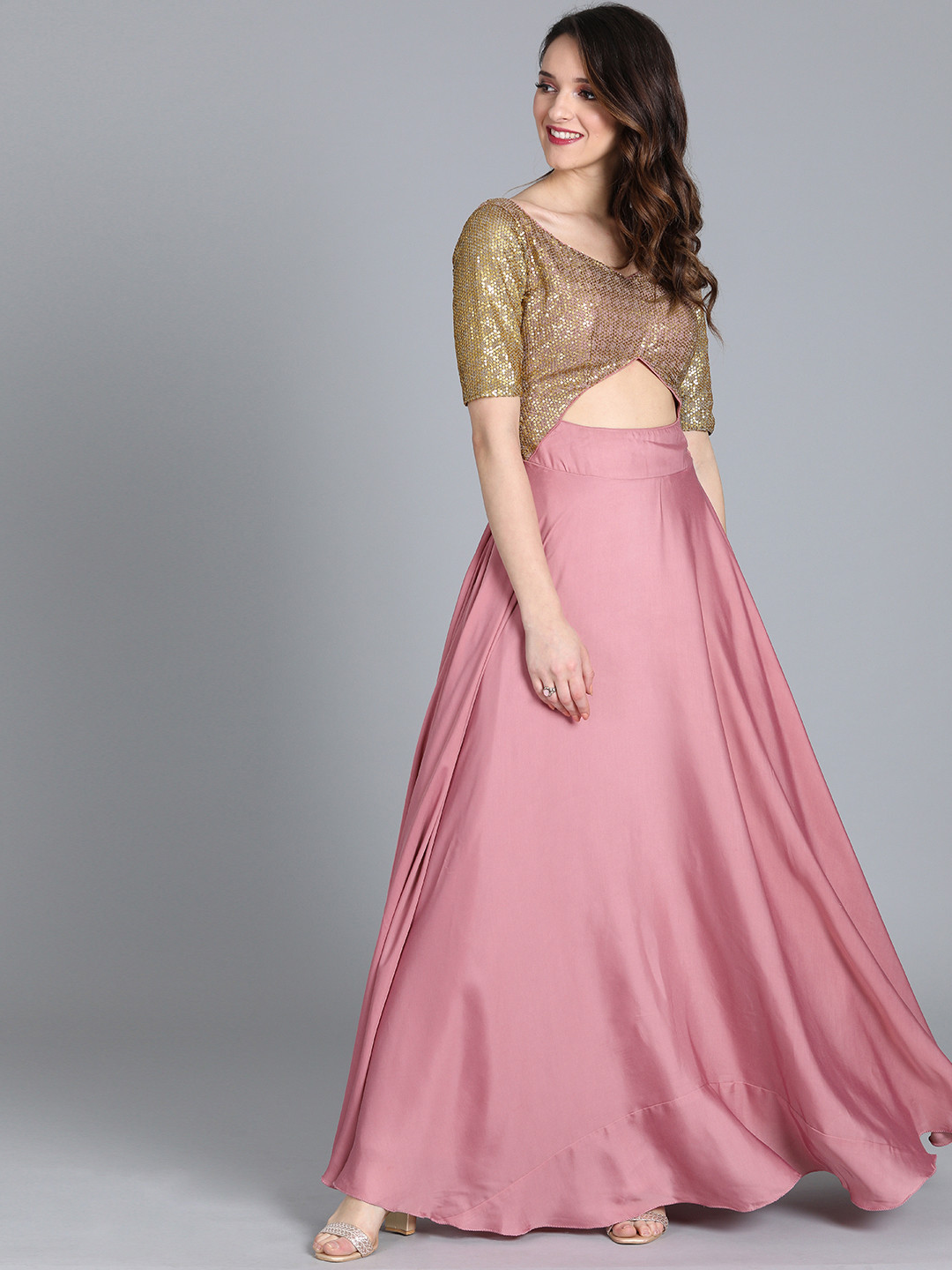 Ethnovog Women Mauve  Gold Embellished Made to Measure Maxi Dress