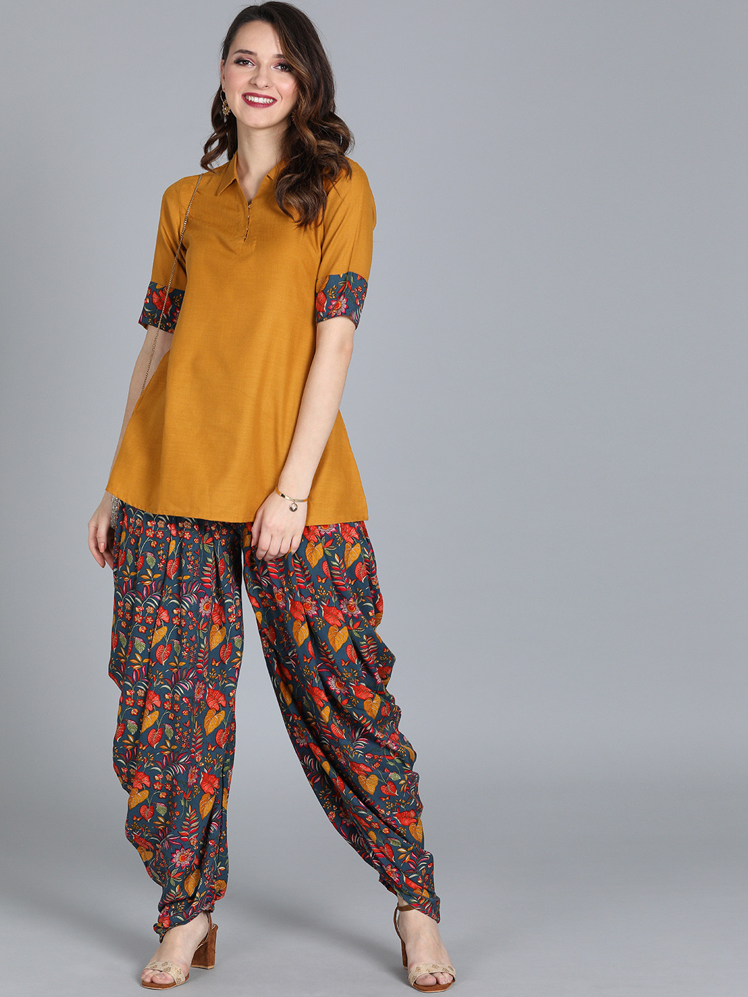 Ethnovog Women Mustard Yellow Floral Regular Kurti with Dhoti Pants