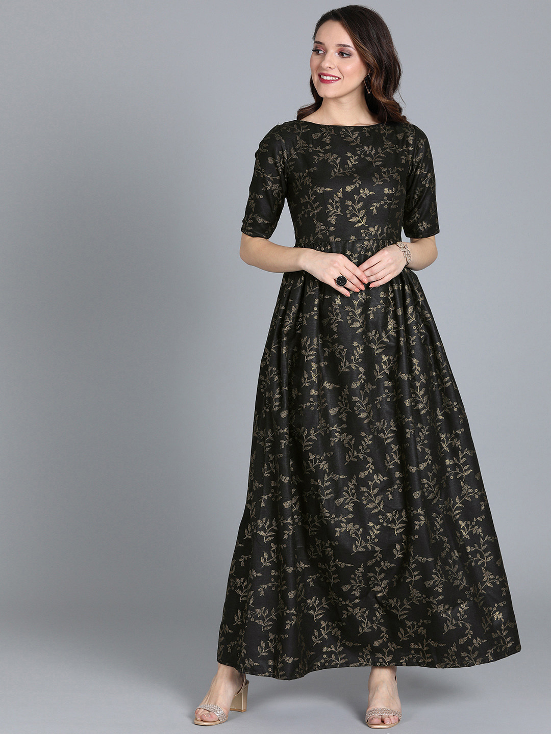 Ethnovog Women Black  Gold Printed Made to Measure Maxi Dress