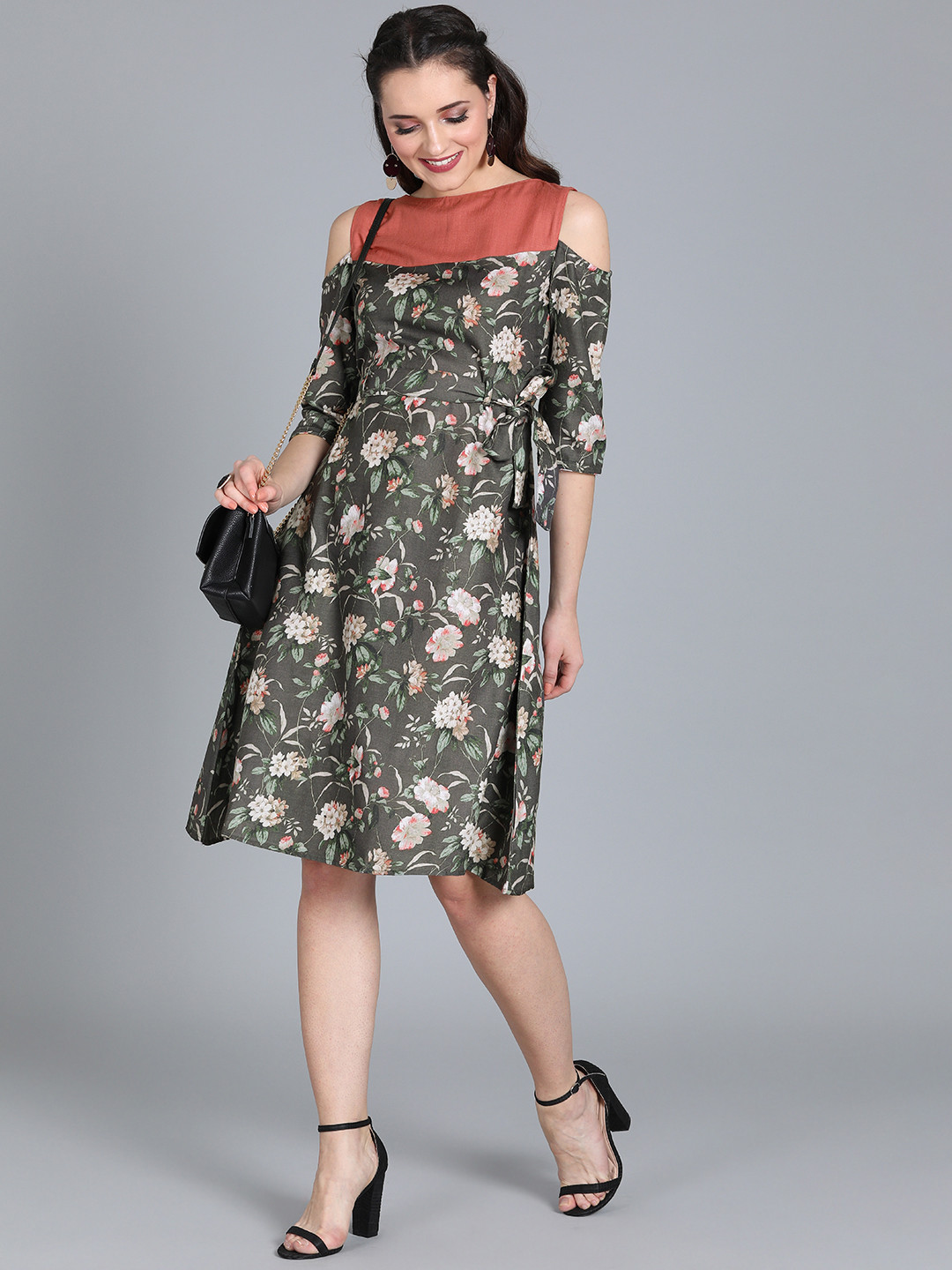 Ethnovog Women Grey Floral Print Made To Measure A-Line Dress