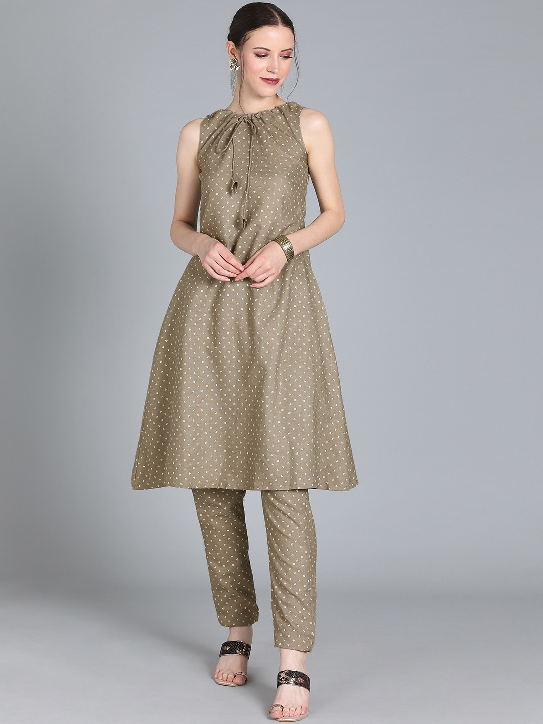 Ethnovog Women Olive Green  Off-White Printed Made to Measure Kurta with Trousers