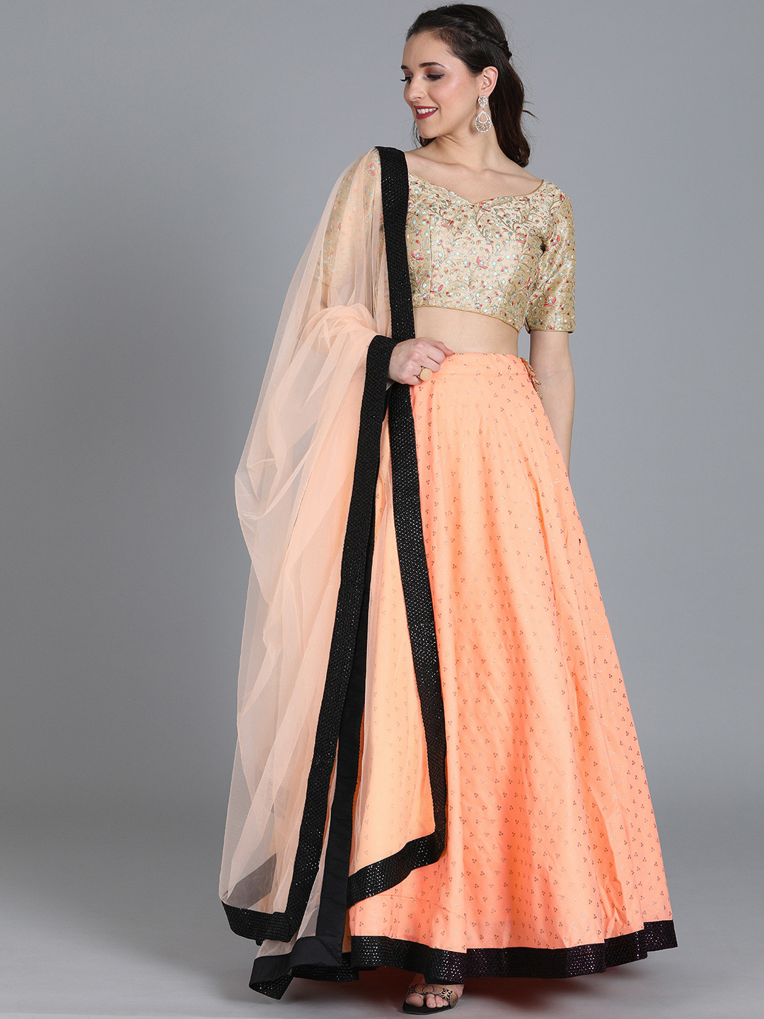 Ethnovog Beige  Peach-Coloured Embroidered Made to Measure Lehenga  Blouse with Dupatta
