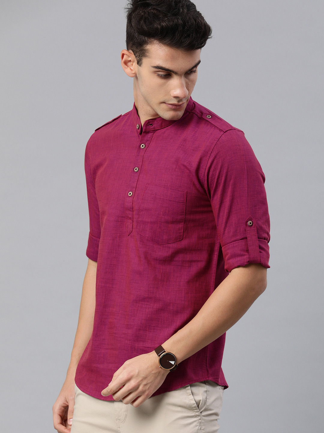 IVOC Men Magenta Pink Solid Straight Kurta