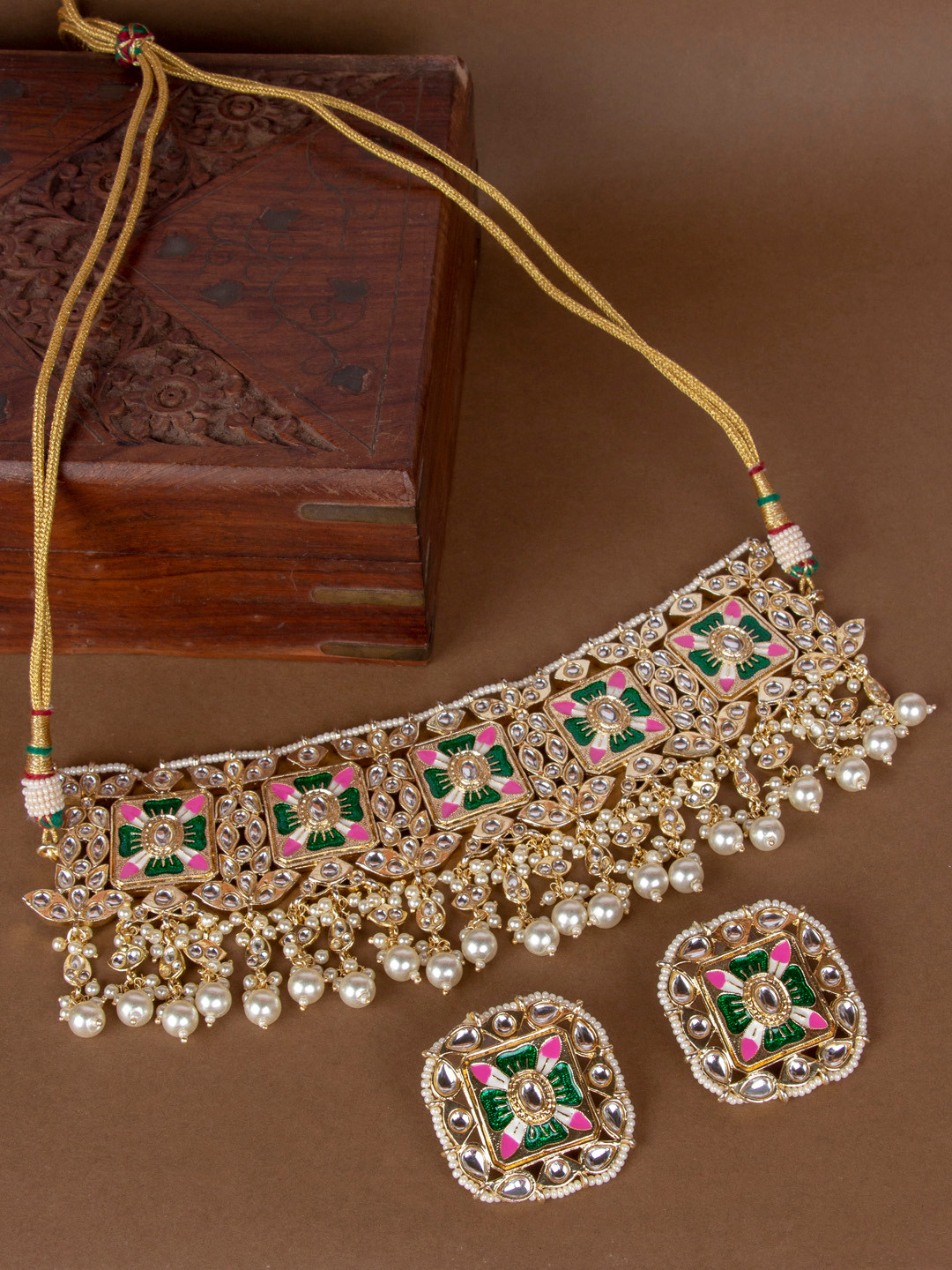 AccessHer Green & White Kundan Studded Gold-Plated Meenakari Jewellery Set