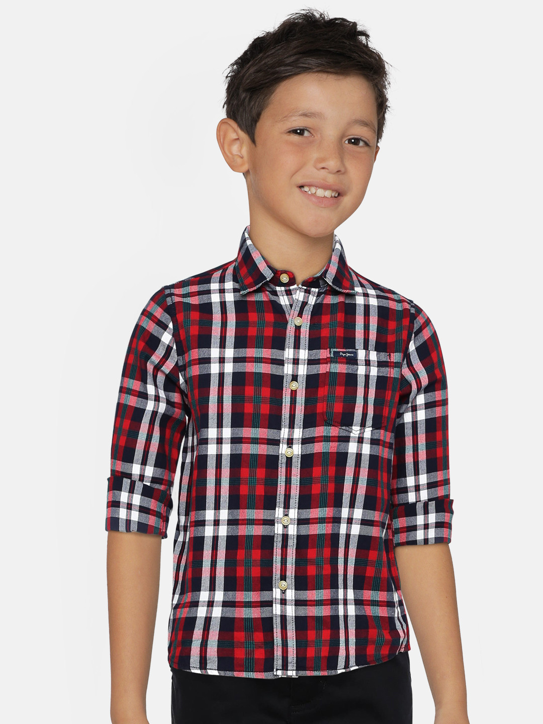 Pepe Jeans Boys Red and Navy Blue Regular Fit Checked Casual Shirt