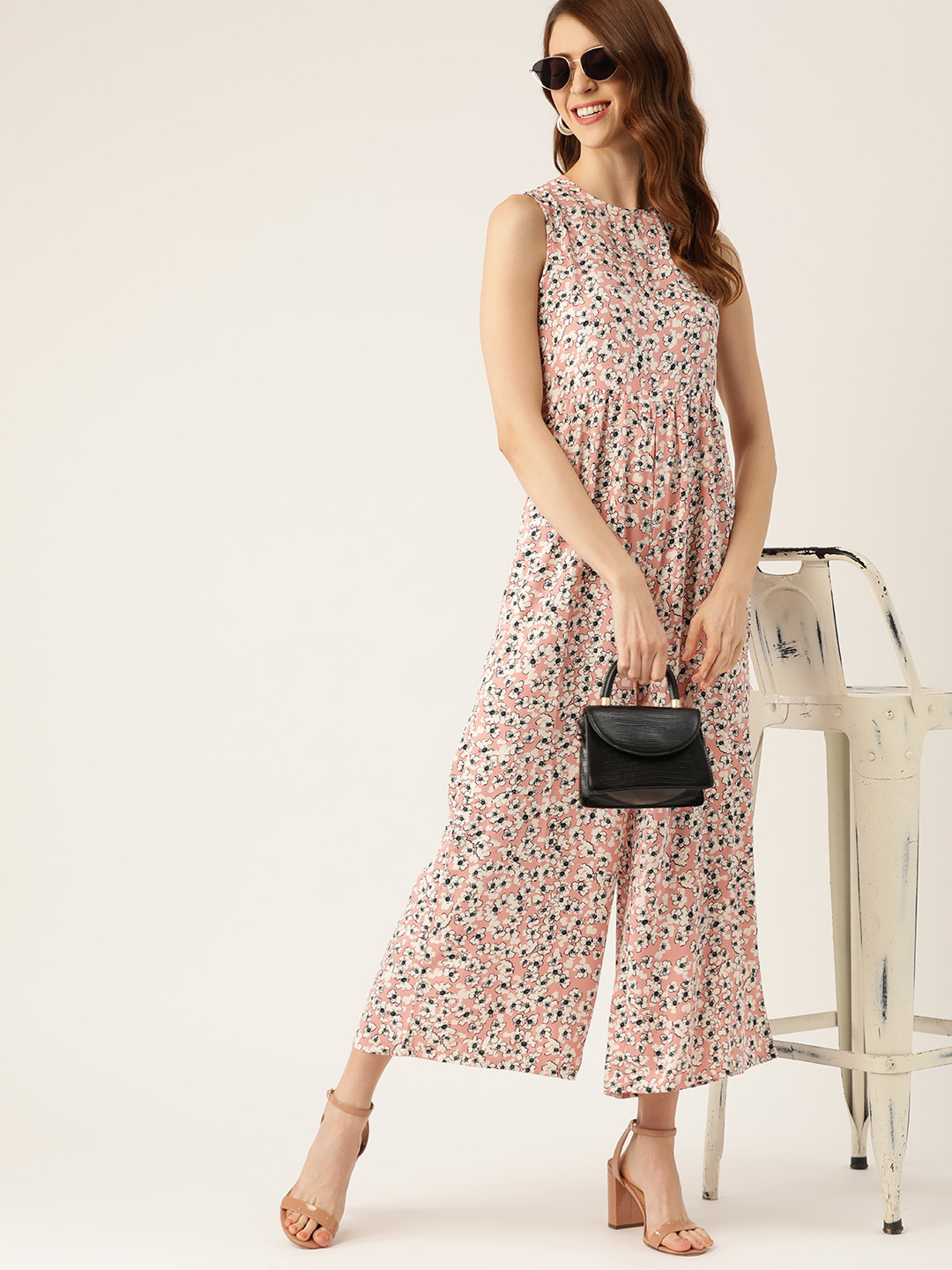 DressBerry Women Pink & White Floral Print Cut-Out Detail Basic Jumpsuit