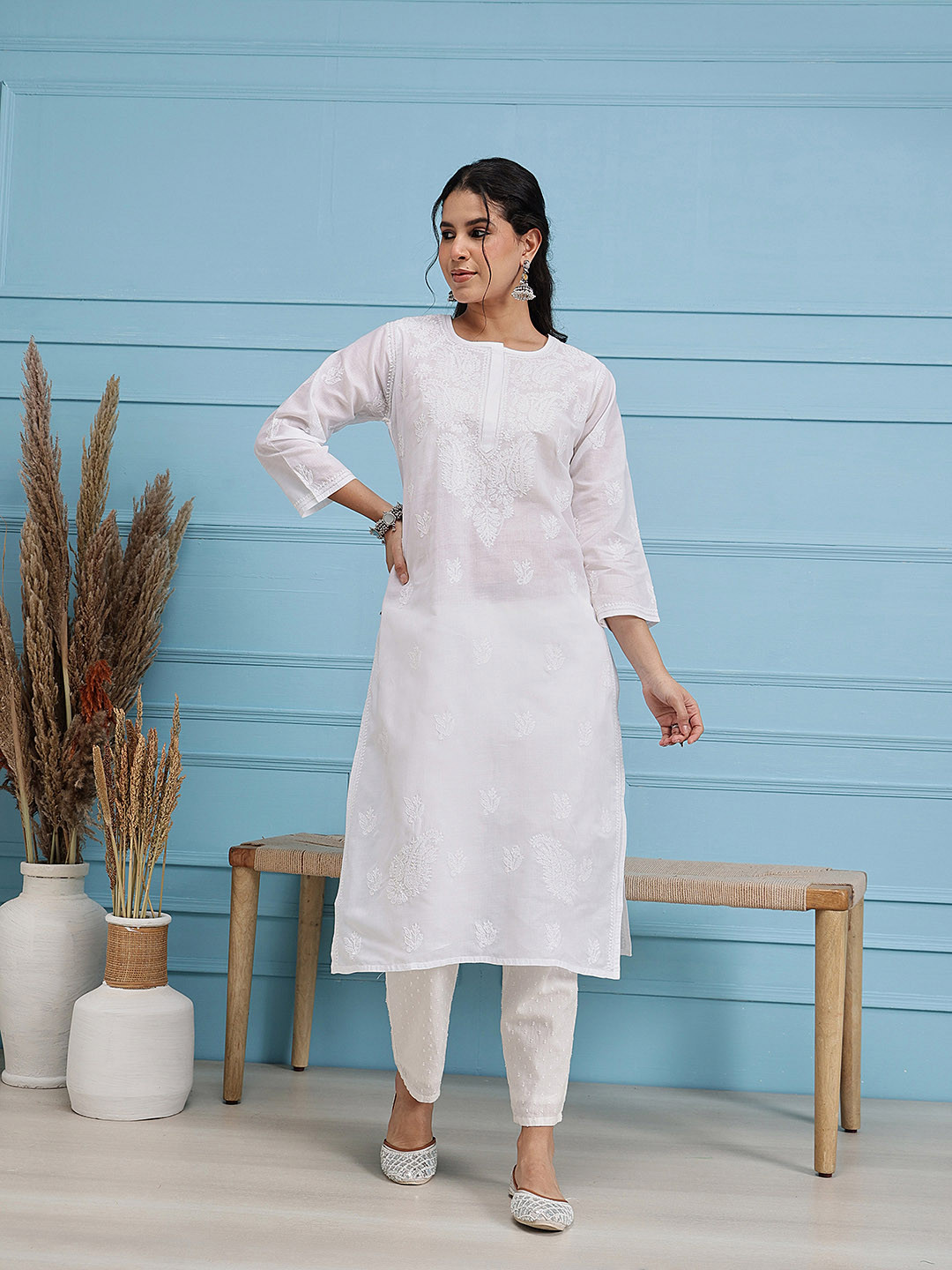 ADA Women White Chikankari Embroidered Straight  Handloom Kurta
