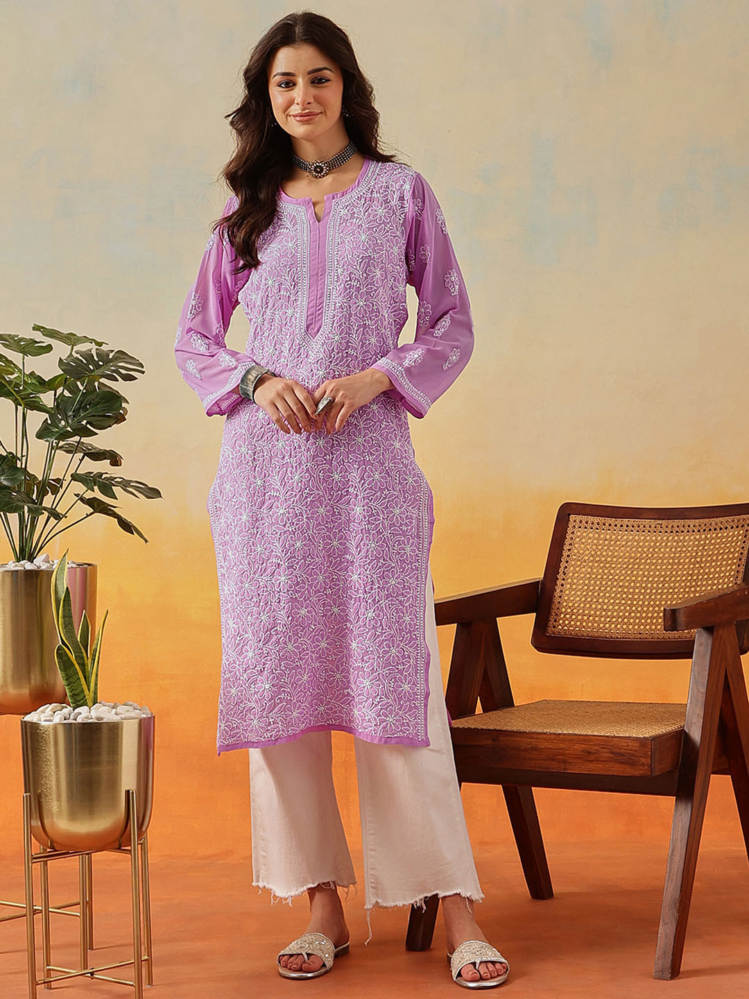 ADA Women Lavender & White Chikankari Hand Embroidered Semi-Sheer Straight  Handloom Kurta
