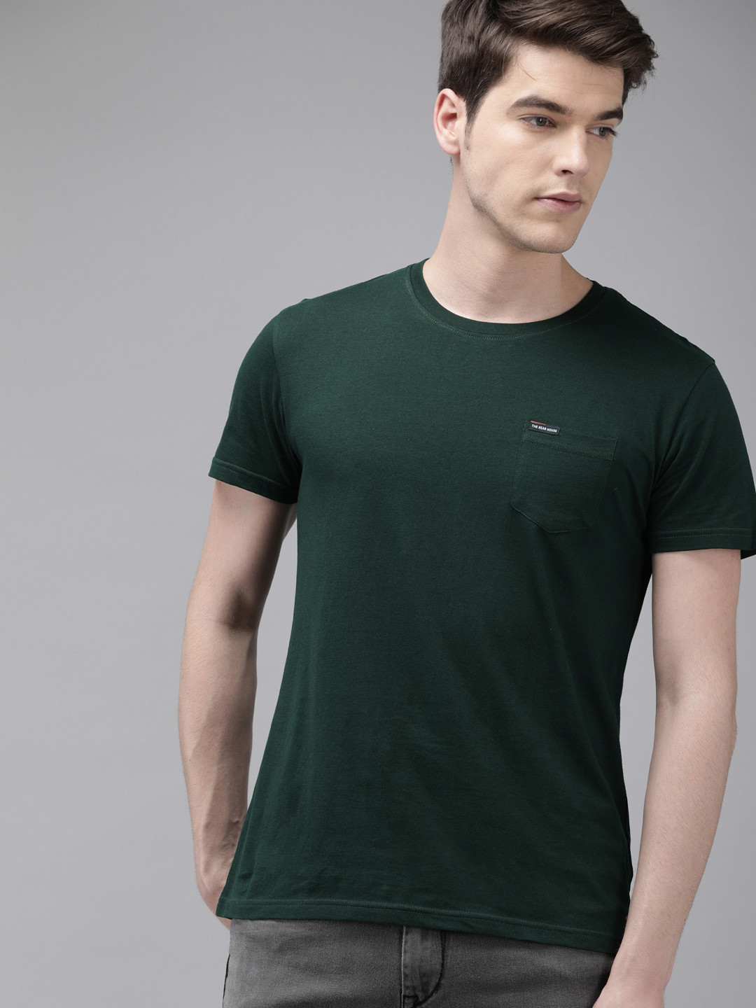 THE BEAR HOUSE Men Green Solid Round Neck Slim Fit Pure Cotton T-shirt