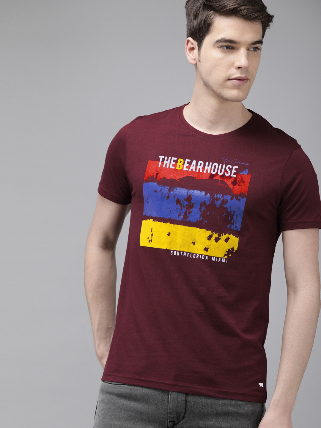 THE BEAR HOUSE Men Maroon Printed Round Neck  Slim Fit Pure Cotton T-shirt