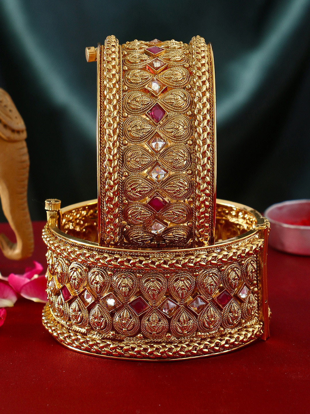 Adwitiya Collection Set of 2 Gold-Plated Magenta Stone Studded Handcrafted Bangles