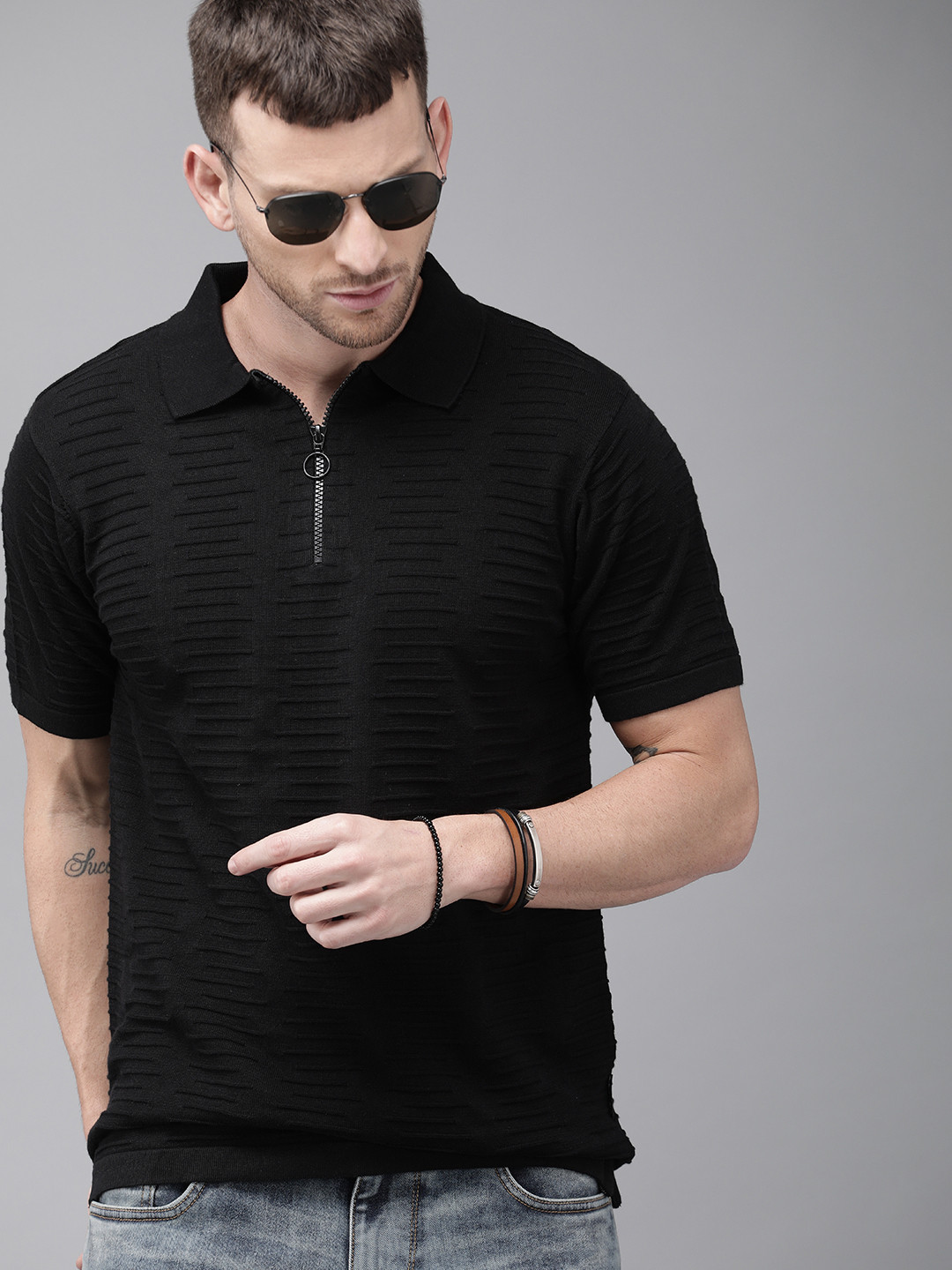 Roadster Men Black Self Design Polo Collar  Cotton T-shirt