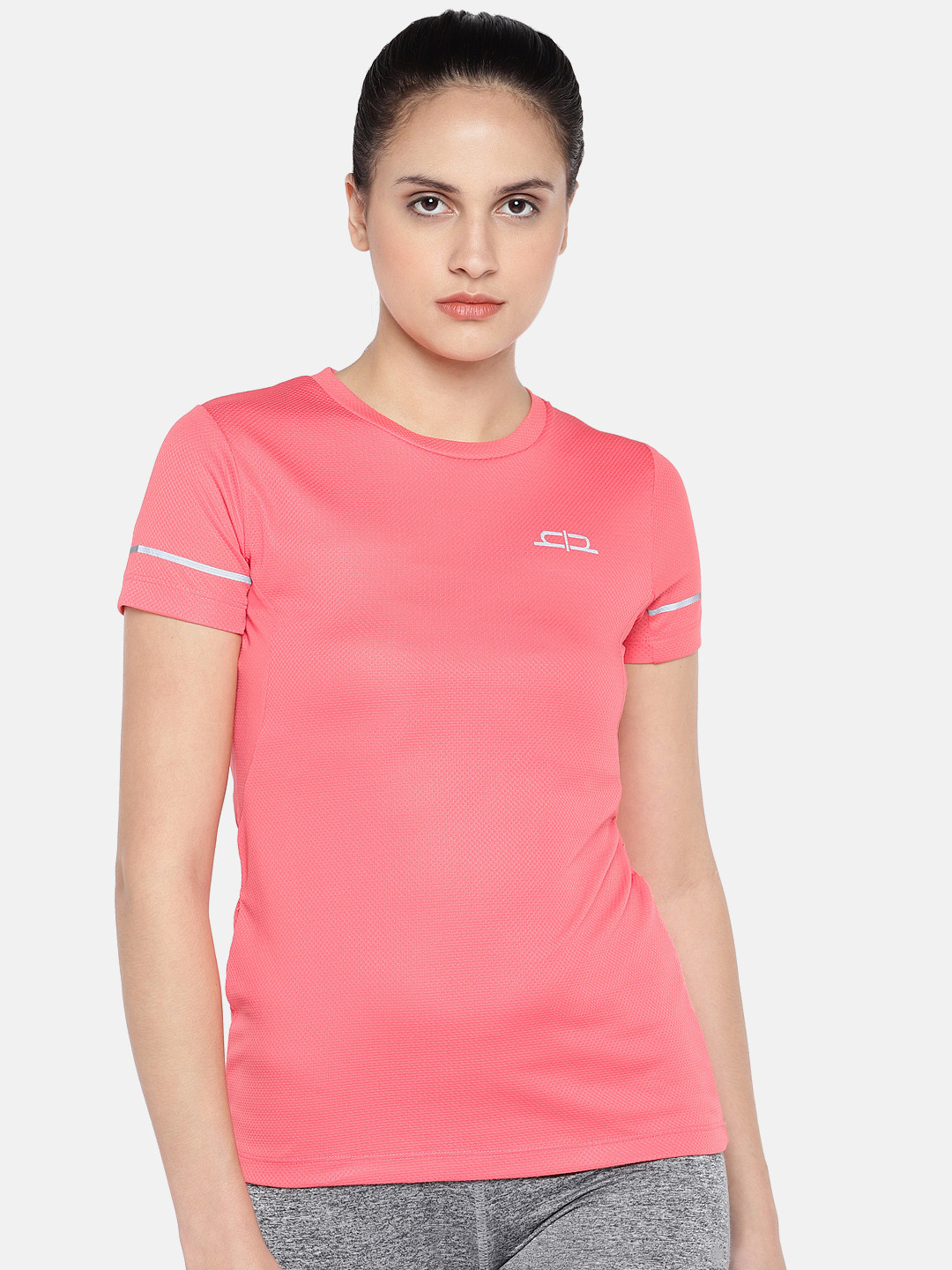 Heelium Women Peach-Coloured Self Design Round Neck T-shirt