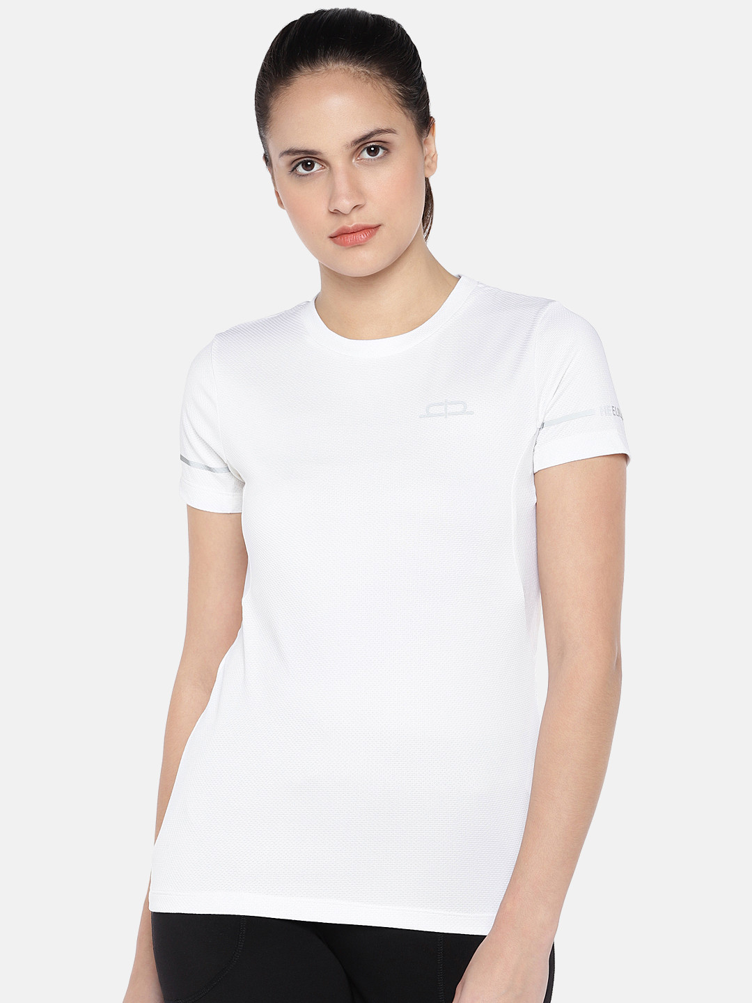 Heelium Women White Self Design Round Neck T-shirt