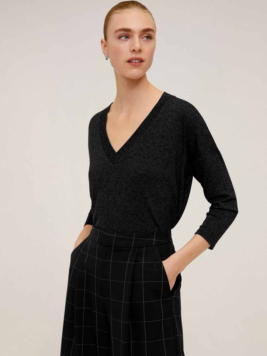 MANGO Women Charcoal Grey Solid V-Neck T-shirt