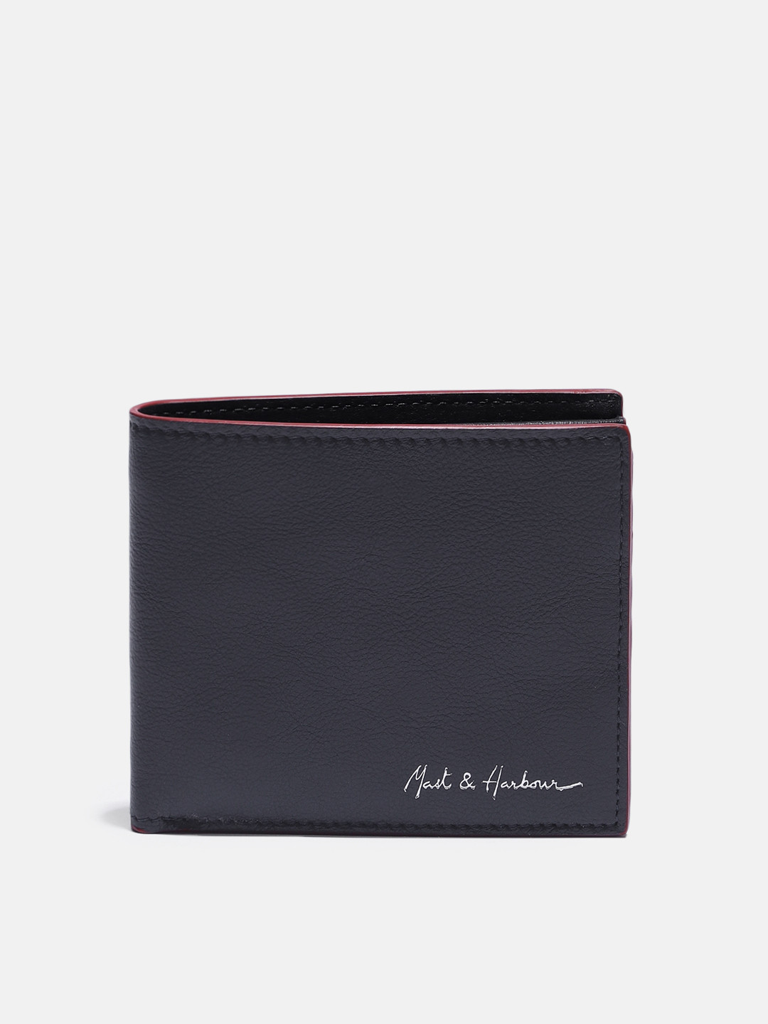 Mast & Harbour Men Navy Blue Solid Leather Two Fold Wallet