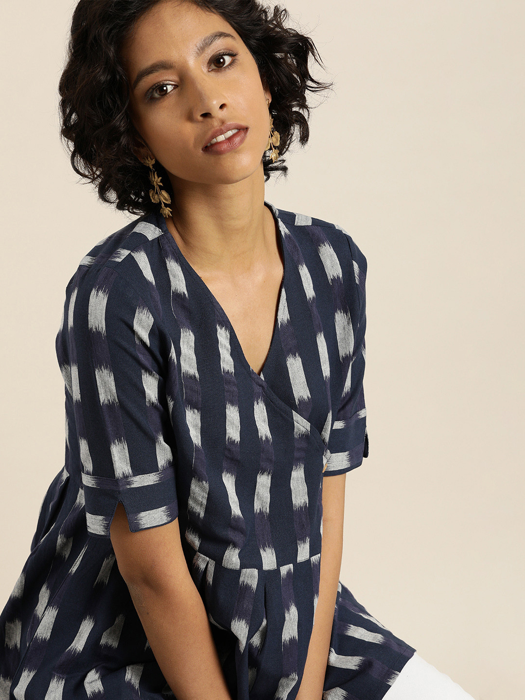 Taavi Women Navy Blue & White Woven Legacy A-Line Pure Cotton Top With Pleated Detailing