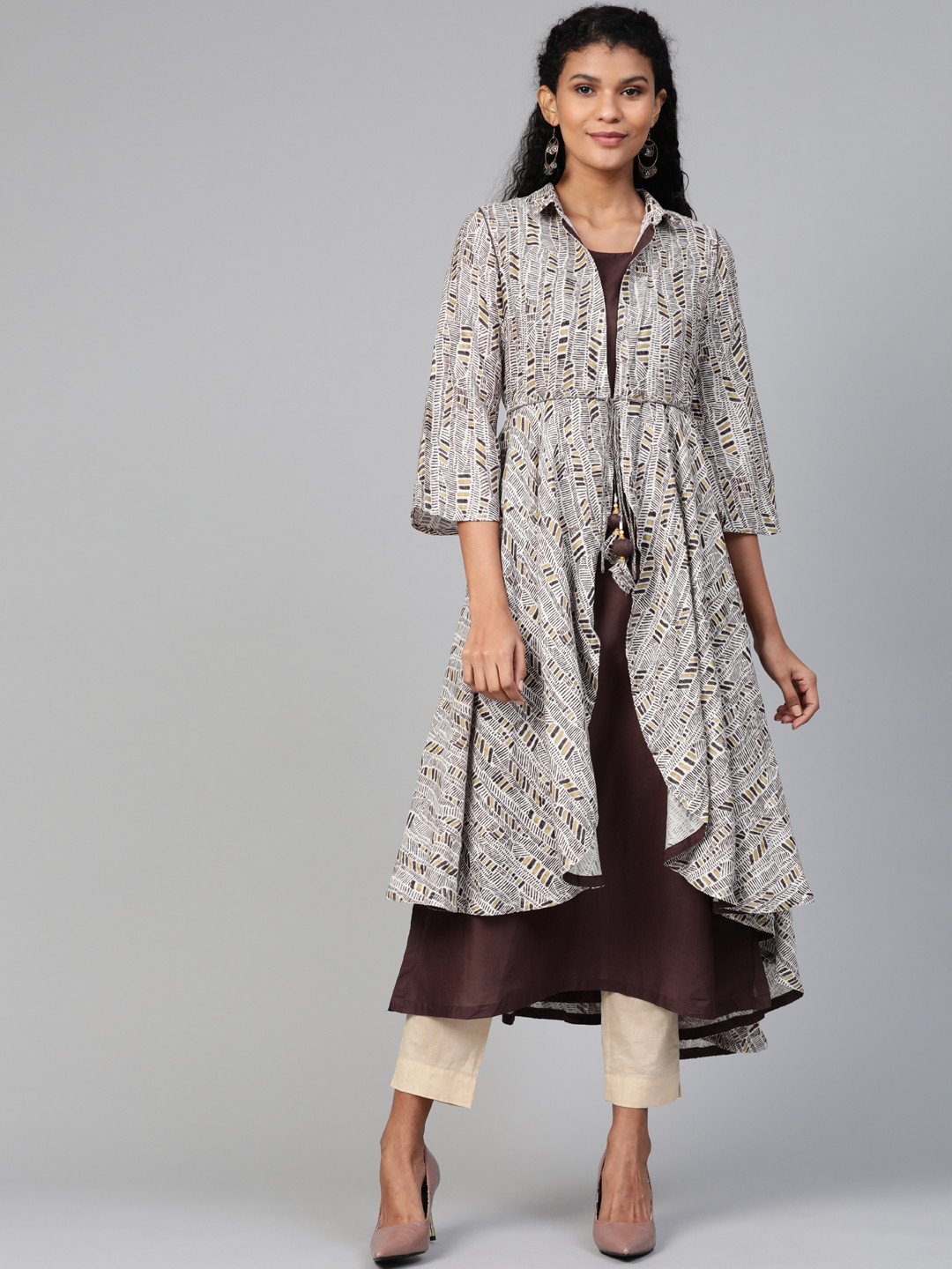 Biba Women Coffee Brown & Off-White Printed A-Line Kurta with Printed Layer