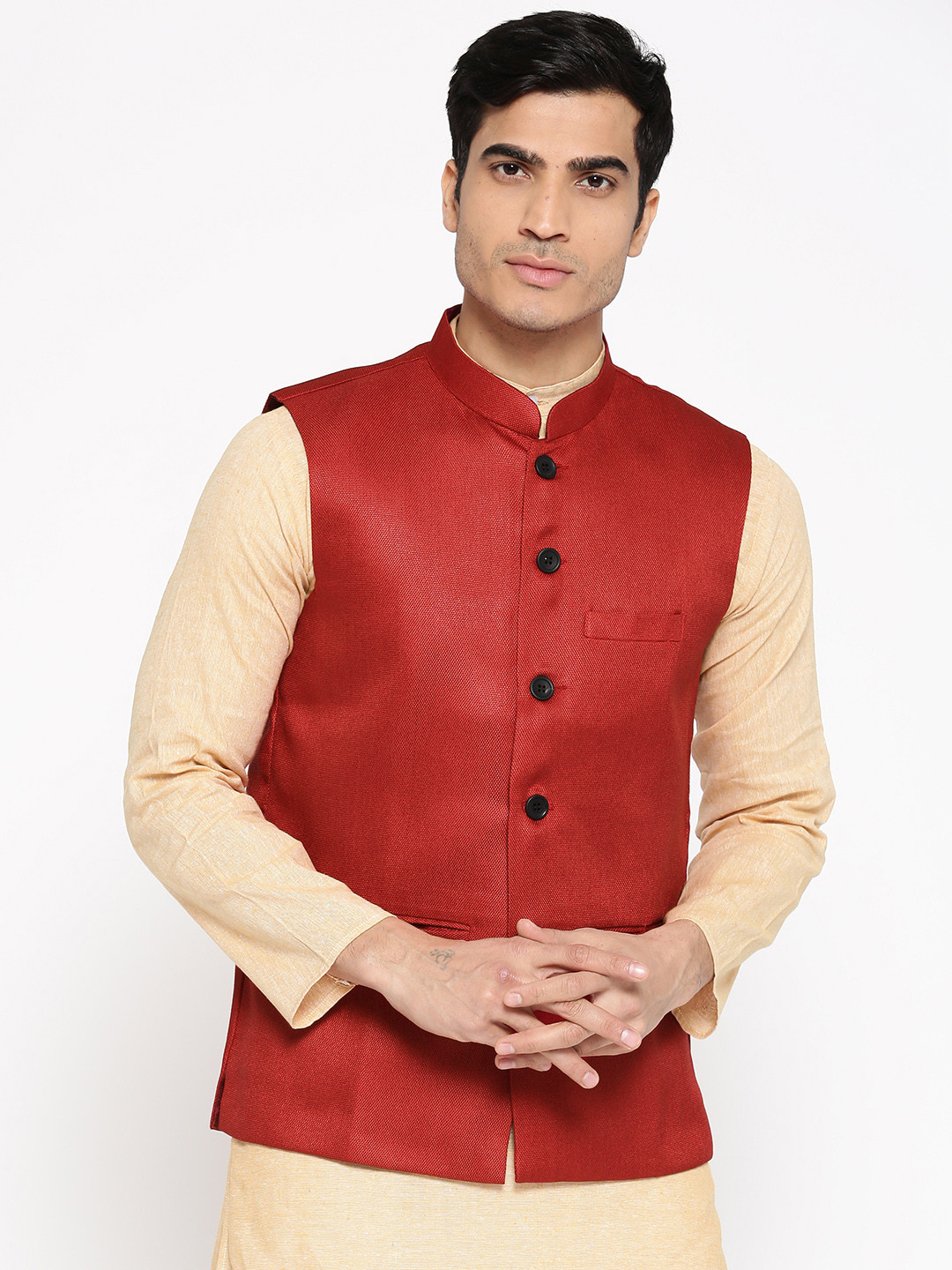 Vastraa Fusion Men Red Woven Design Nehru Jacket