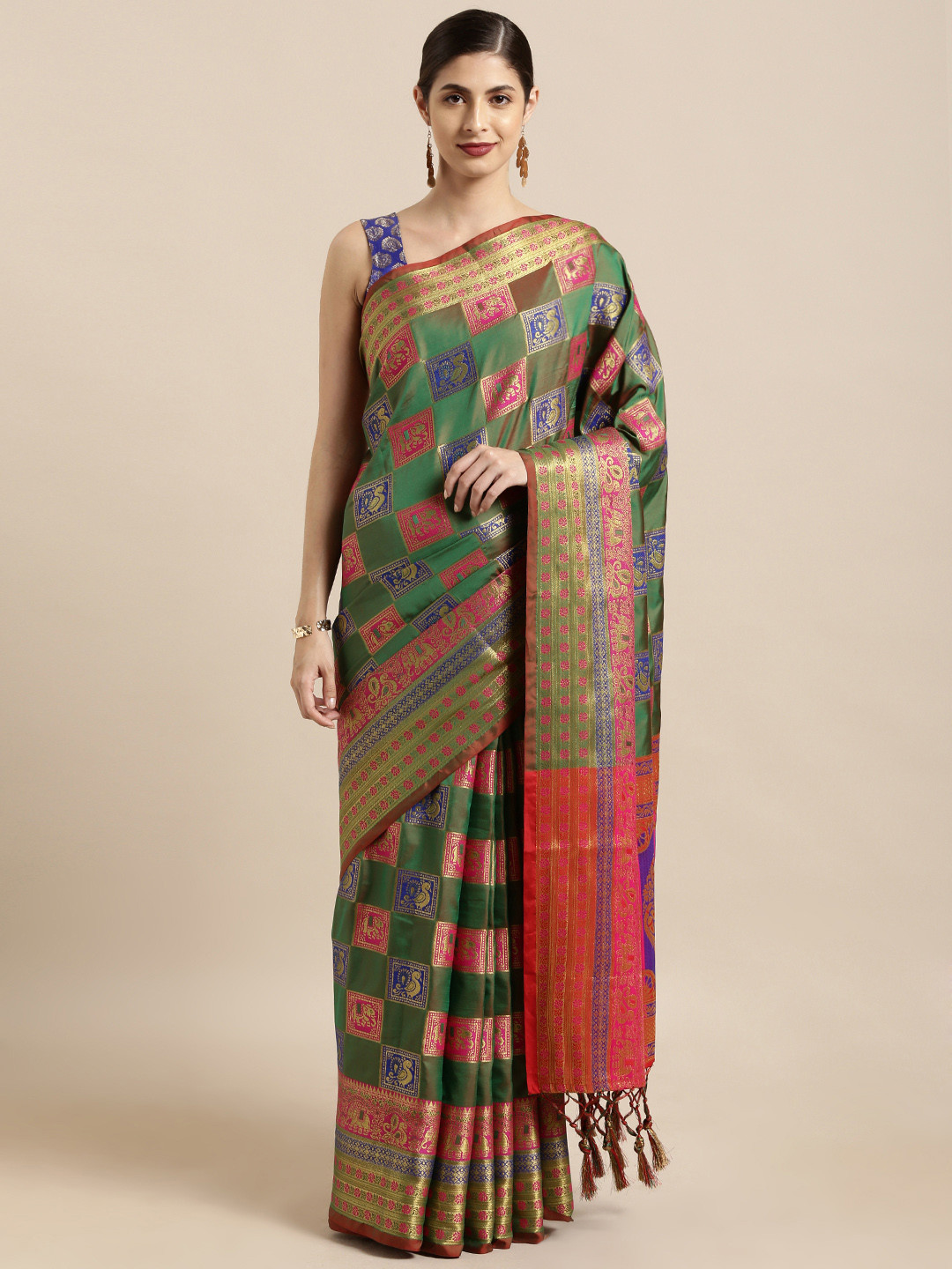 Mitera Green & Pink Silk Blend Woven Design Patola Saree