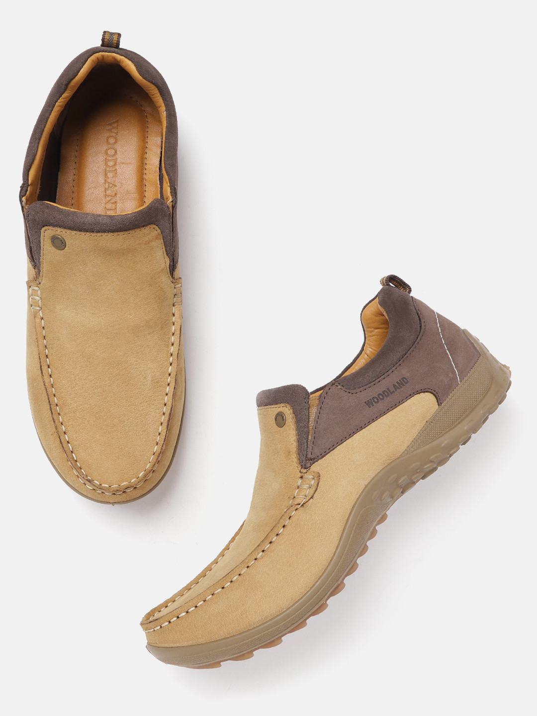 Woodland Men Camel Brown Nubuck Colourblocked Wide Fit Slip-On Sneakers
