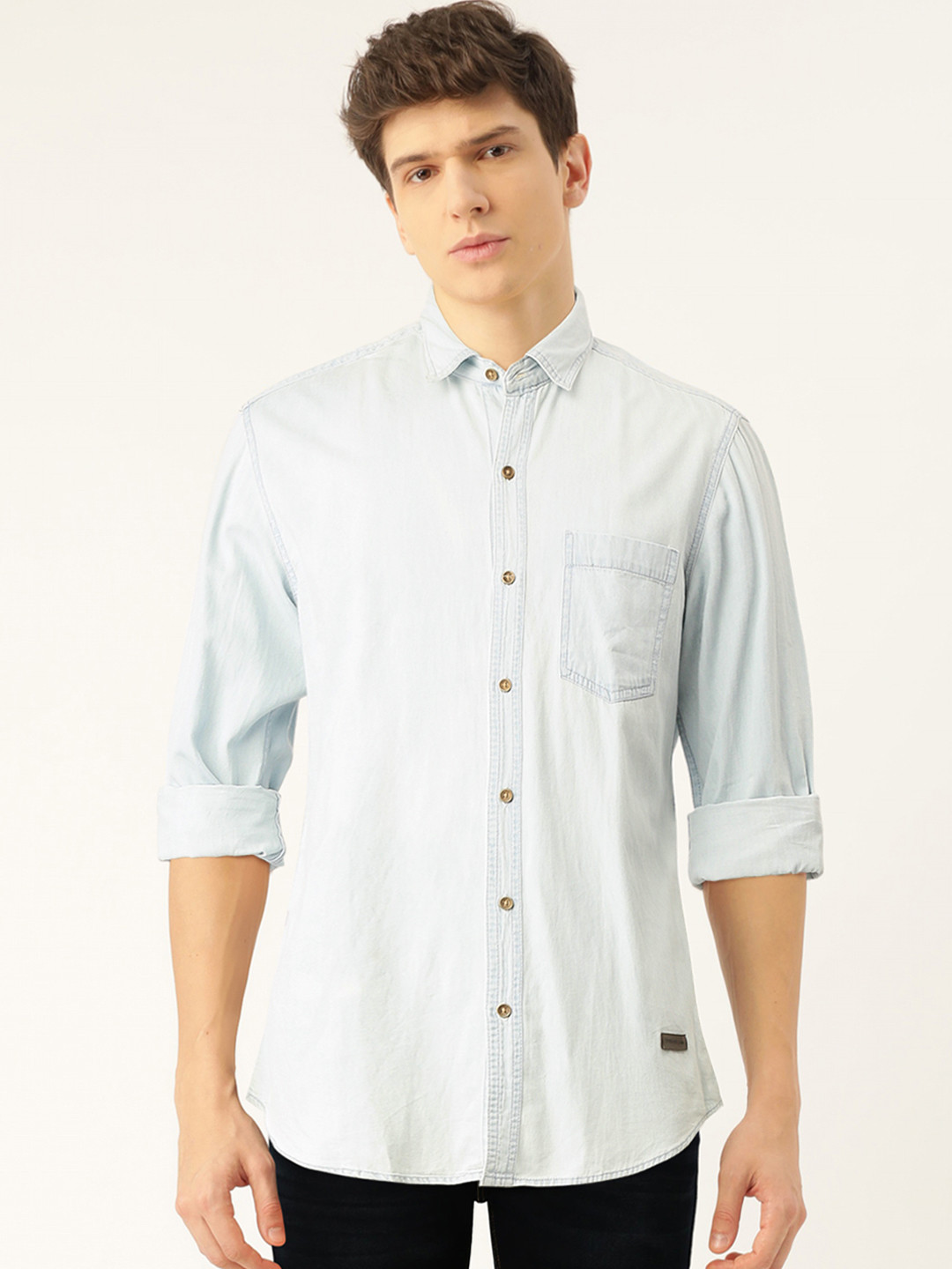 John Players Men Blue Trim Fit Solid Casual Shirt with Embroidered Back