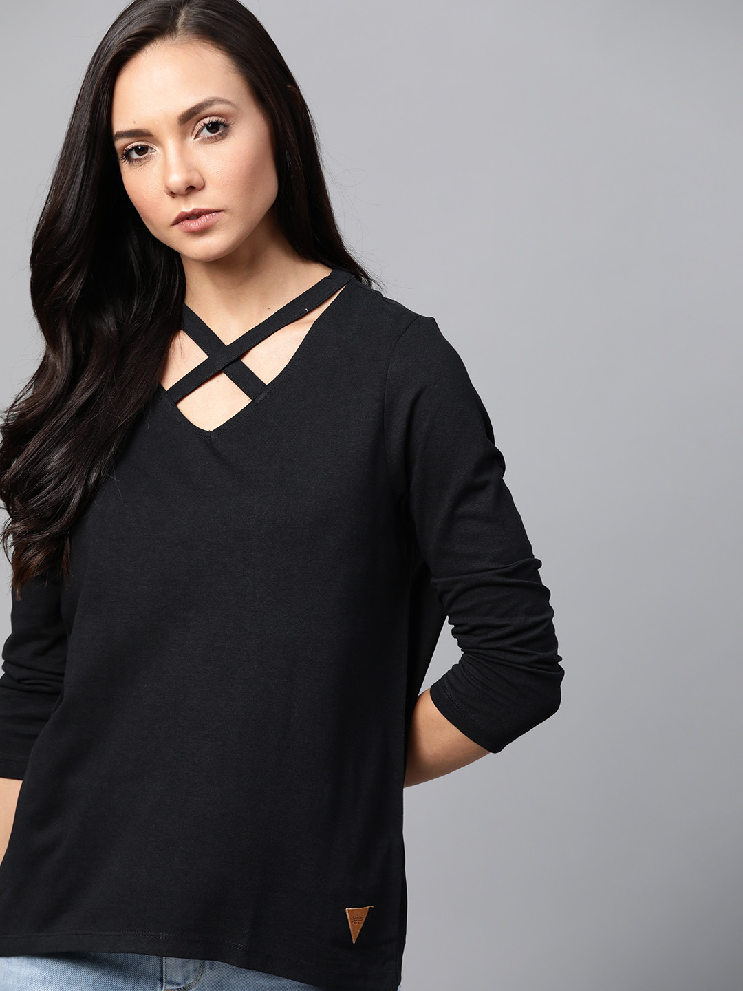 Roadster Women Black Criss-Cross Neck Solid Top