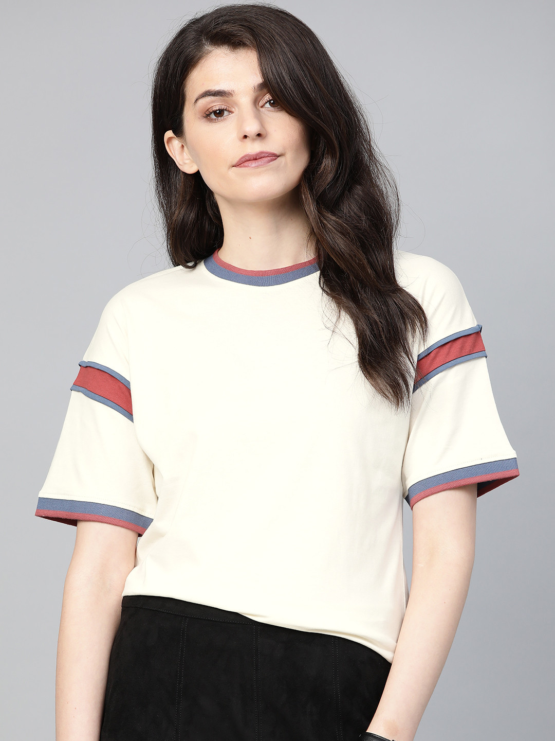Roadster Women White Colourblocked Round Neck Relaxed Fit T-shirt