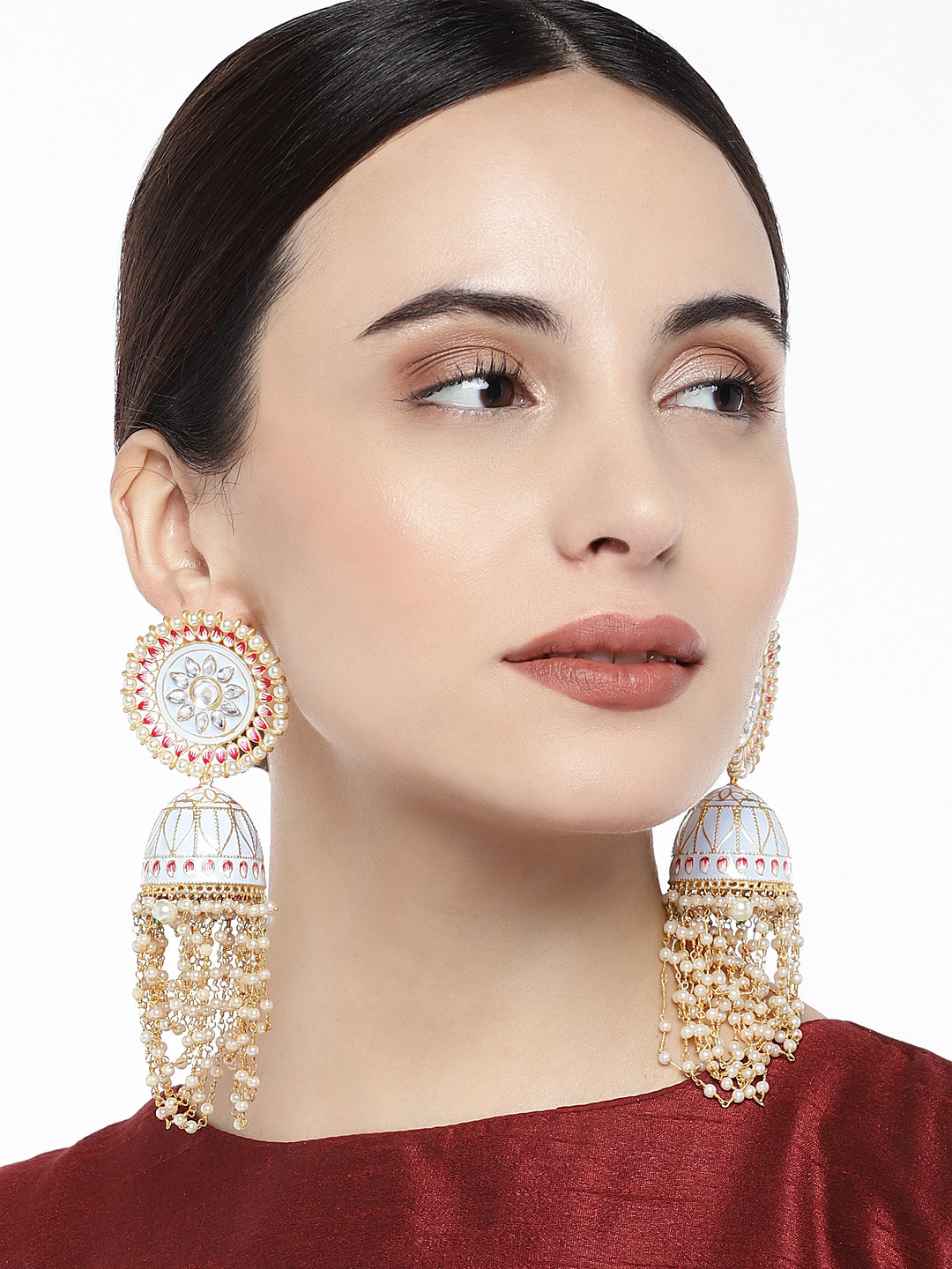 Peora Gold-Plated & Blue Enamelled Meenakari Dome Shaped Jhumkas