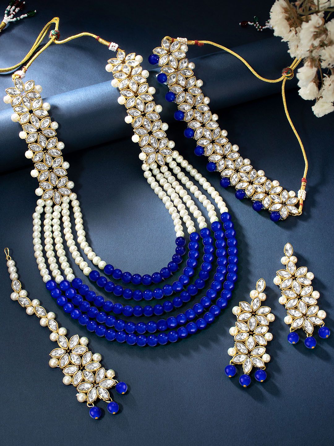 Peora Gold Plated & Blue Kundan Studded Jewellery Set