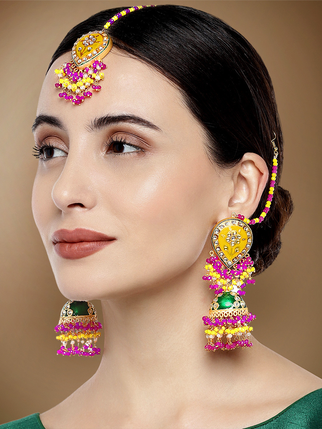 Peora Pink & Yellow Meenakari Enamlled Gold-Plated Jewellery Set