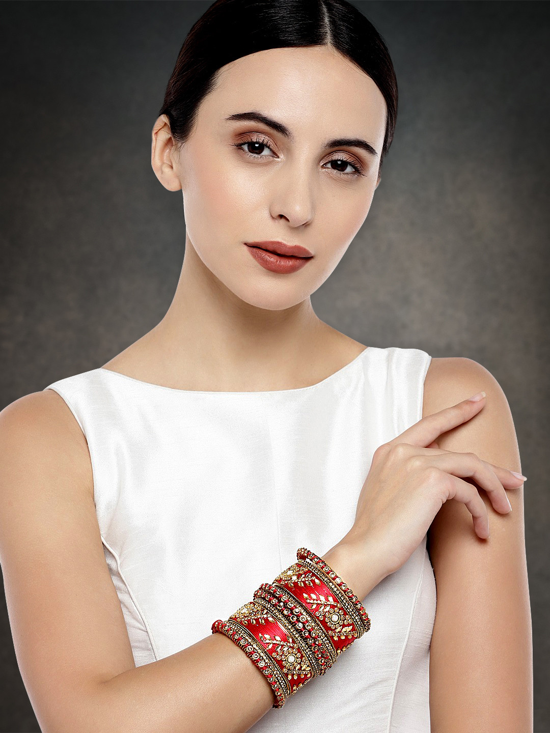 Peora Set of 10 Gold-Plated & Red Silk Thread Handcrafted Kundan Bangles