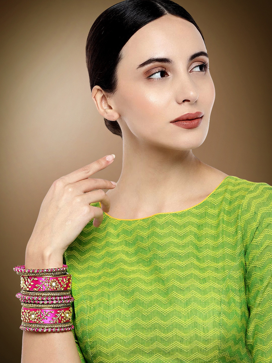 Peora Set of 10 Gold-Plated & Pink Silk Thread Handcrafted Kundan Bangles