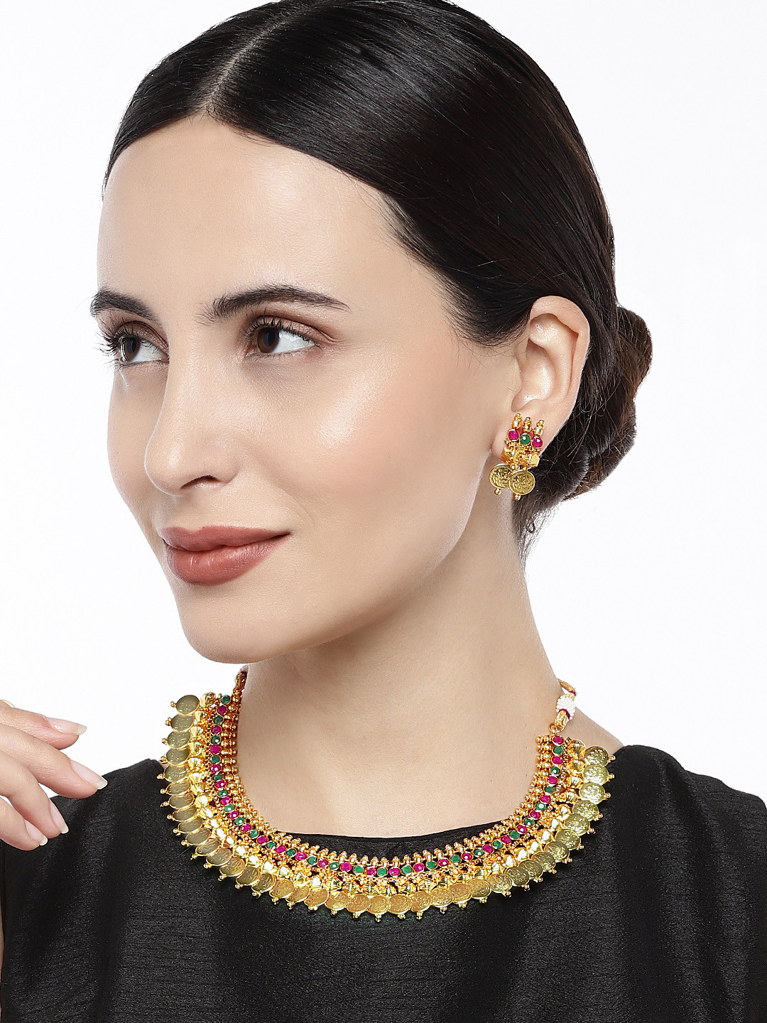 Peora Gold Plated & Green Coin Studded Jewellery Set