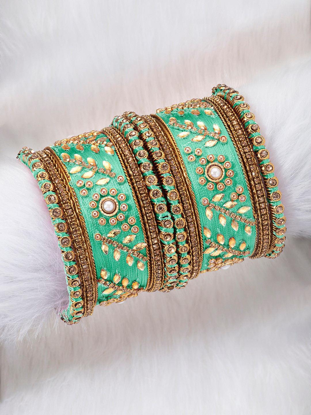 Peora Set of 10 Gold-Plated & Green Silk Thread Handcrafted Kundan Bangles