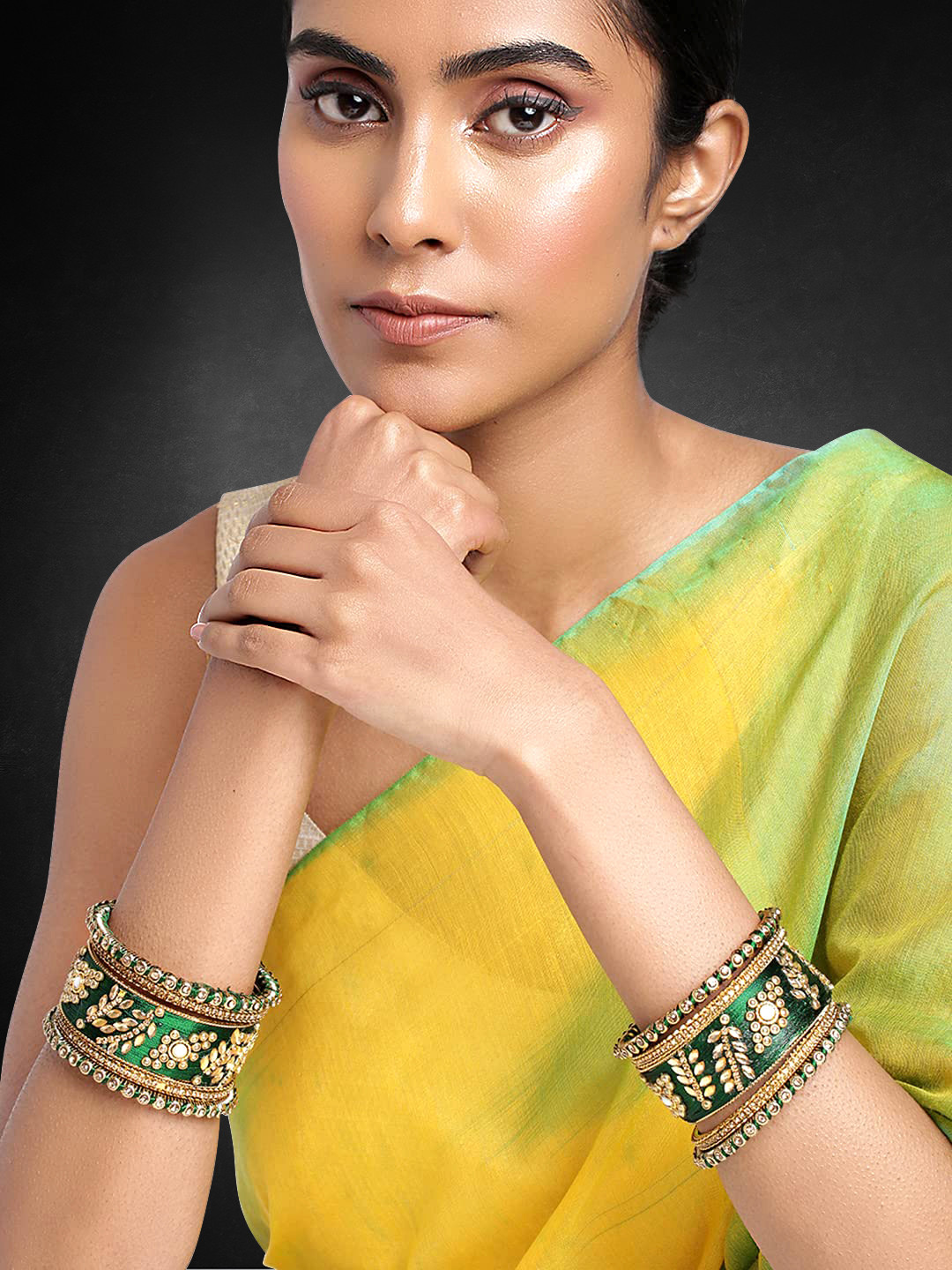 Peora Set of 10 Gold-Plated & Green Silk Thread Handcrafted Kundan Bangles