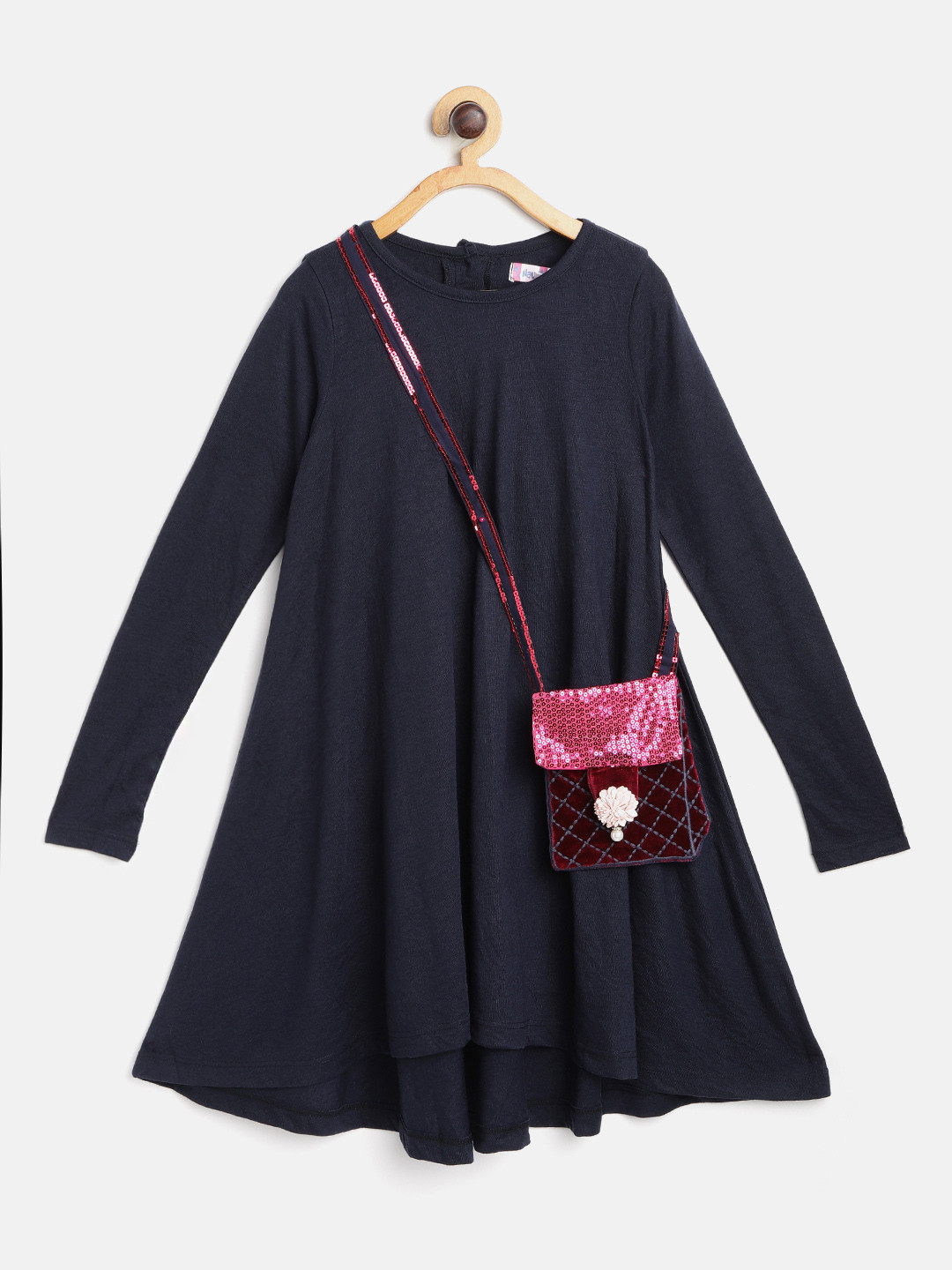 Nauti Nati Girls Navy Blue Solid A-Line Dress with Sling Bag